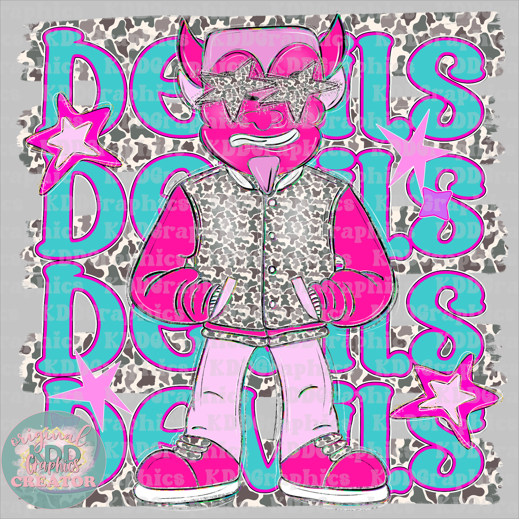 Preppy Pink Varsity Devils Mascot - Camo Brushstrokes - Devil School Spirit PNG