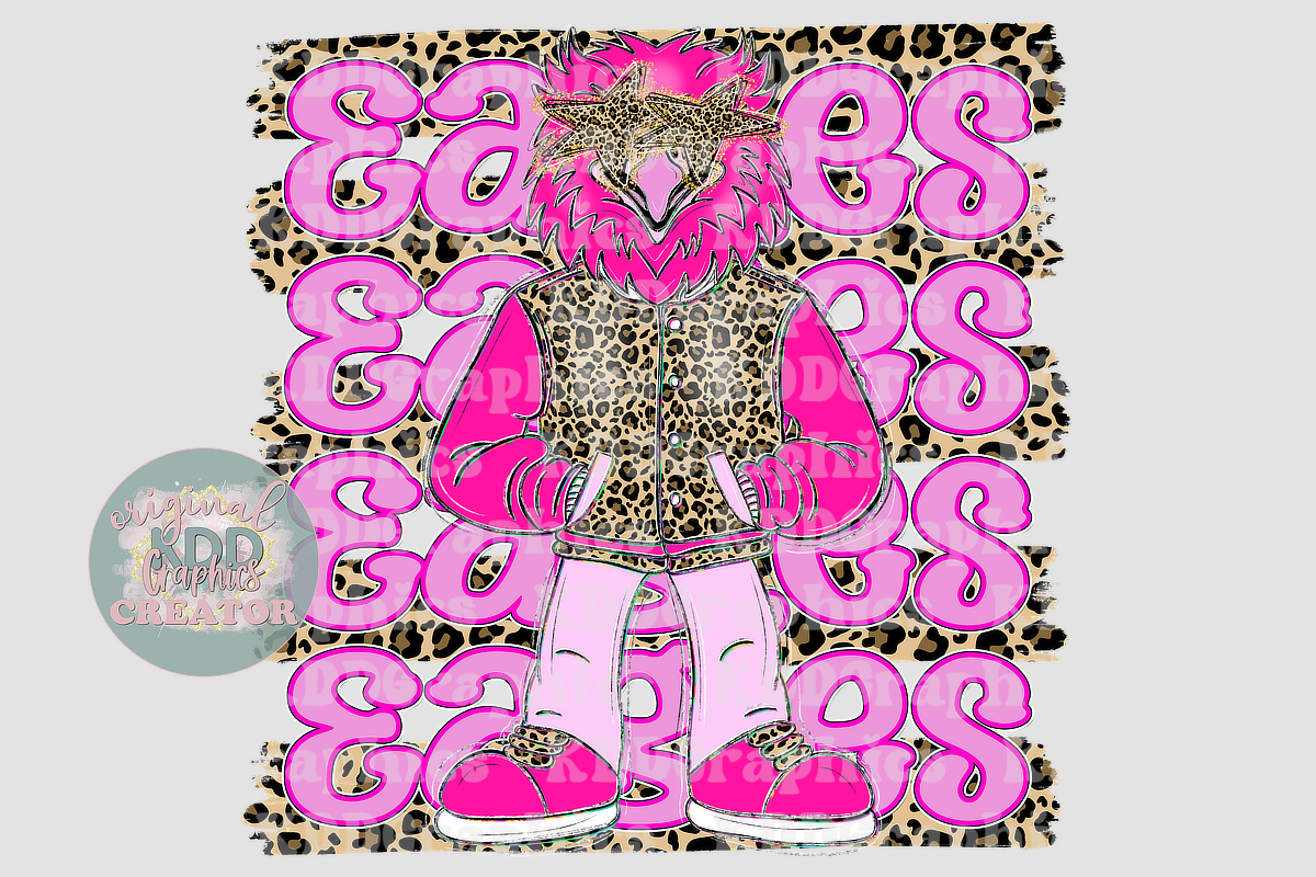 Preppy Pink Varsity Eagle Mascot - Cheetah Brushstrokes - Eagles School Spirit PNG