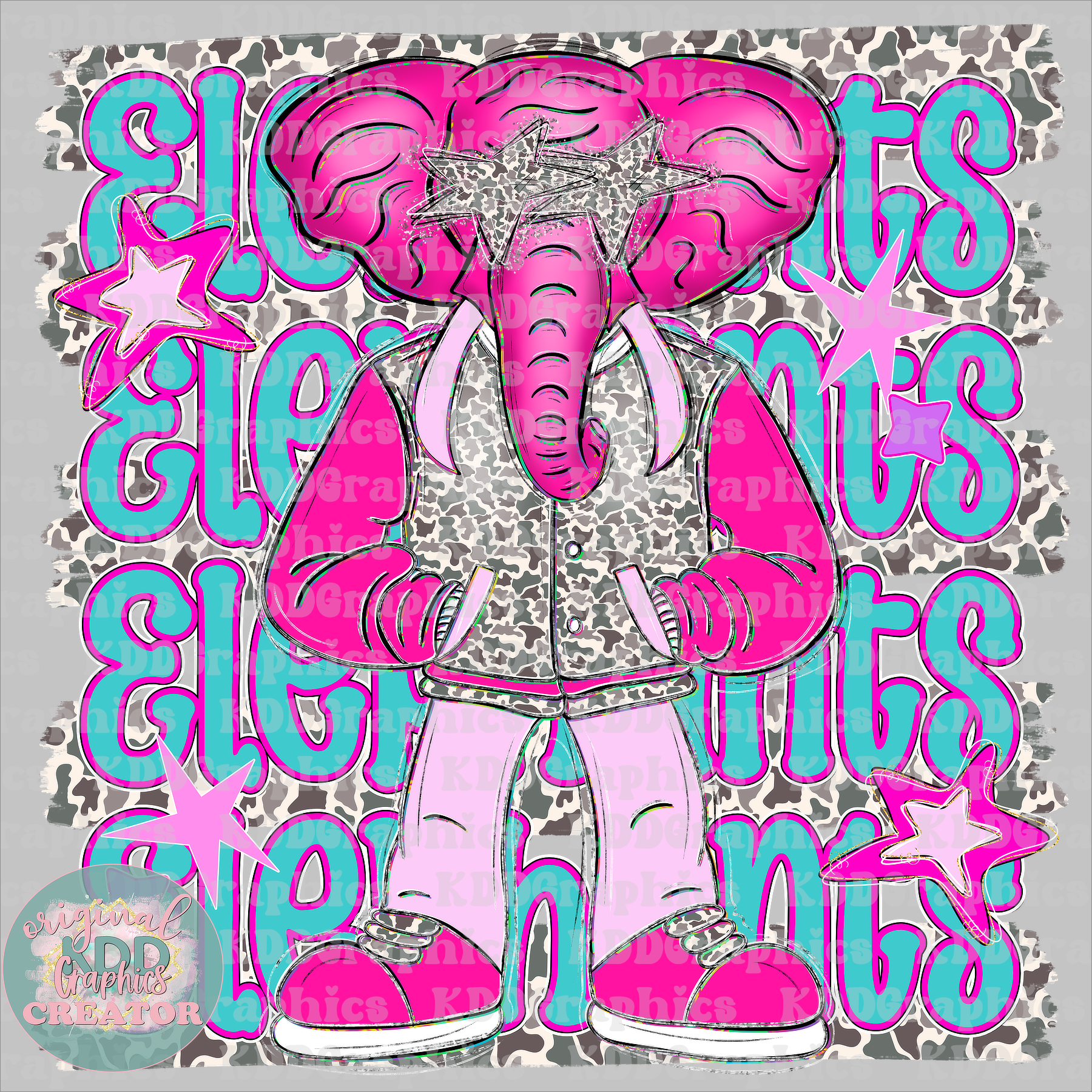 Preppy Pink Varsity Elephants Mascot - Camo Brushstrokes - Elephant School Spirit PNG