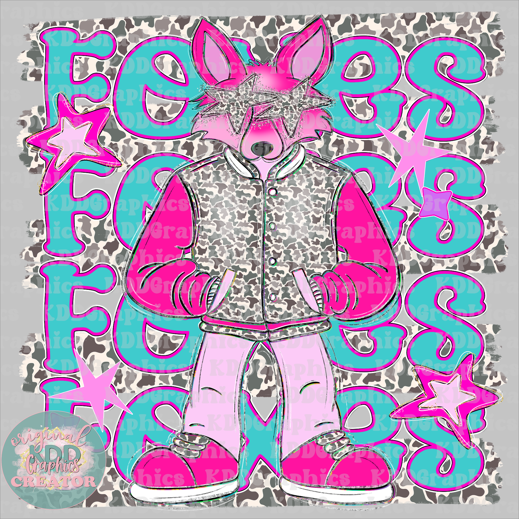 Preppy Pink Varsity Foxes Mascot - Camo Brushstrokes - Fox School Spirit PNG