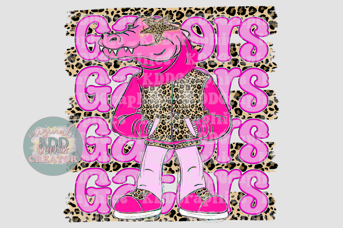 Preppy Pink Varsity Gator Mascot - Cheetah Brushstrokes - Gators Alligator School Spirit PNG