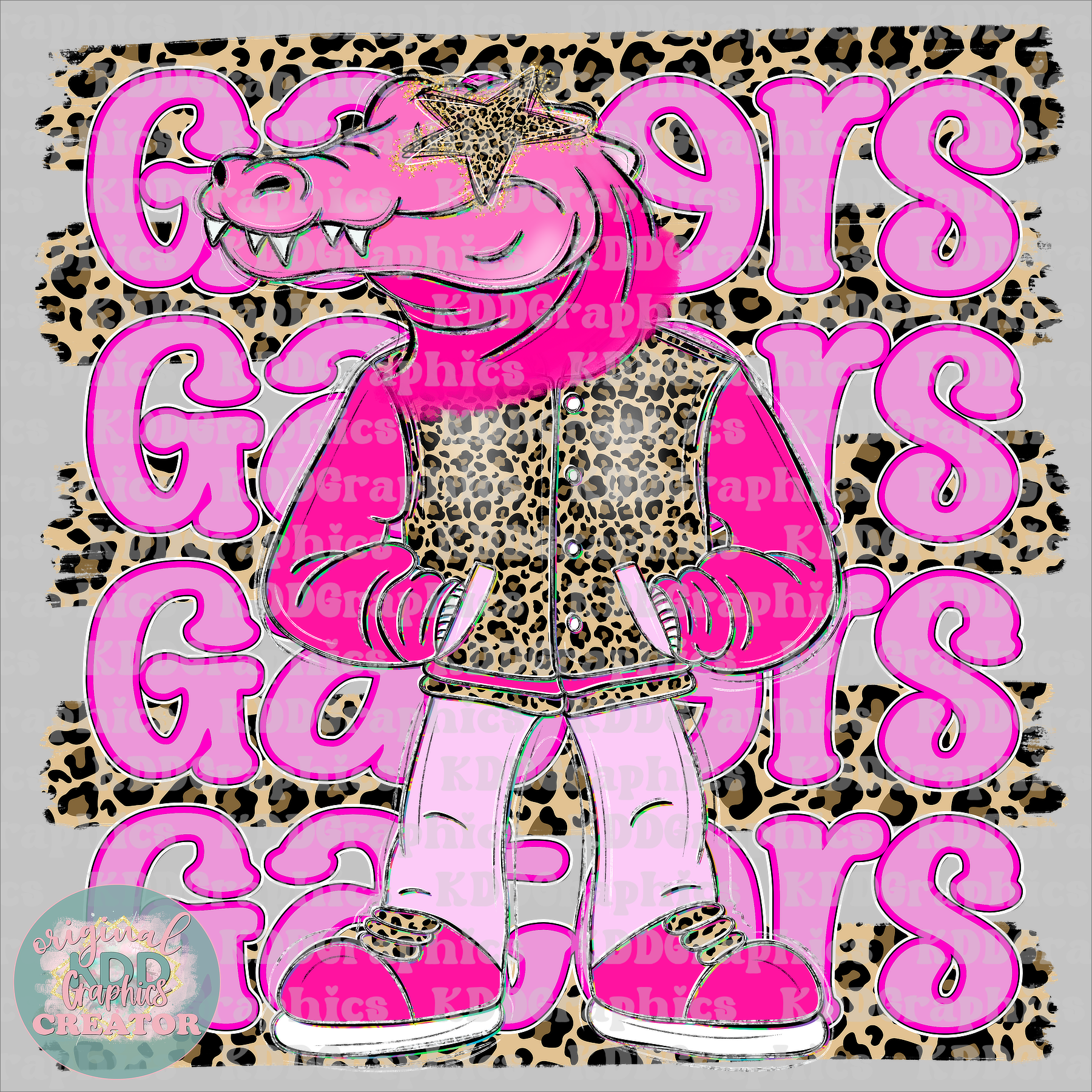 Preppy Pink Varsity Gator Mascot - Cheetah Brushstrokes - Gators Alligator School Spirit PNG