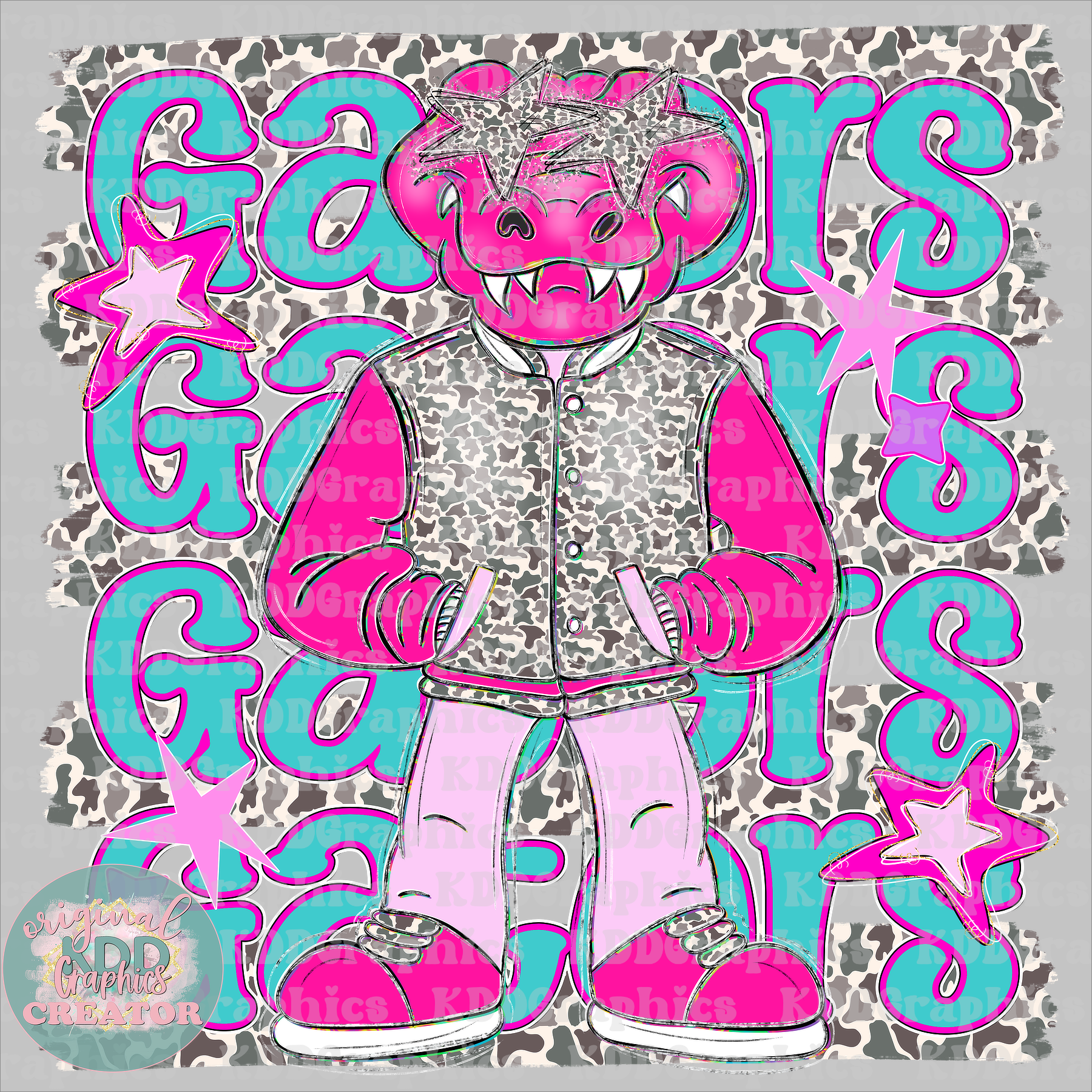 Preppy Pink Varsity Gators Mascot - Camo Brushstrokes - Gator School Spirit PNG
