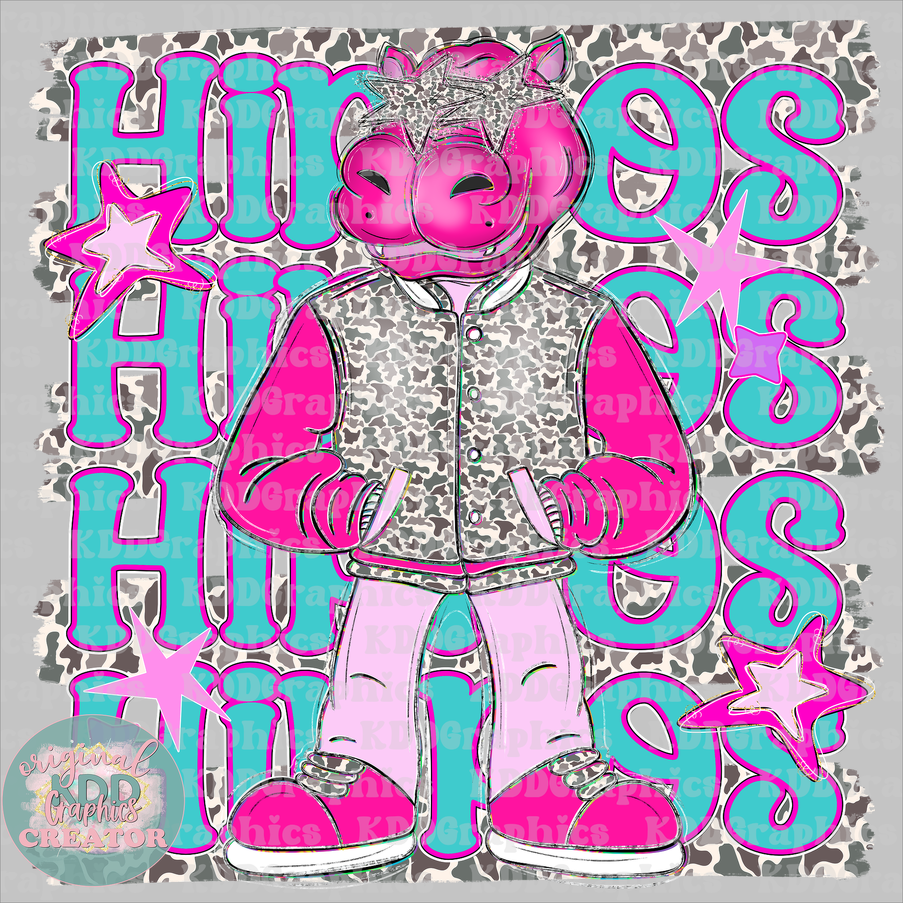 Preppy Pink Varsity Hippos Mascot - Camo Brushstrokes - Hippo School Spirit PNG