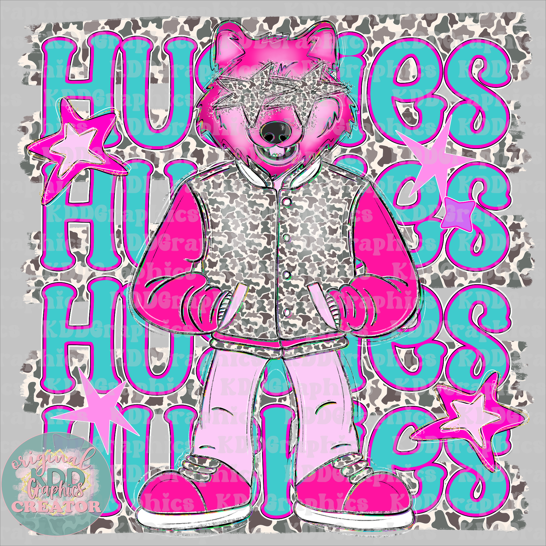 Preppy Pink Varsity Huskies Mascot - Camo Brushstrokes - Husky School Spirit PNG