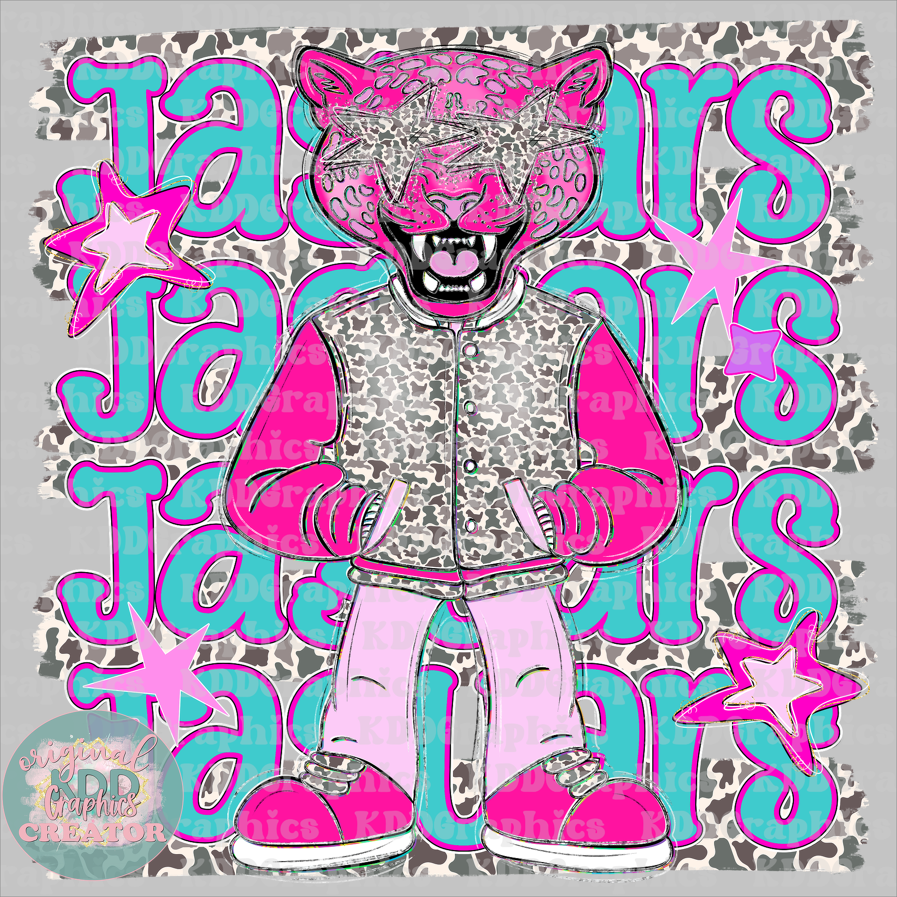 Preppy Pink Varsity Jaguars Mascot - Camo Brushstrokes - Jaguar School Spirit PNG