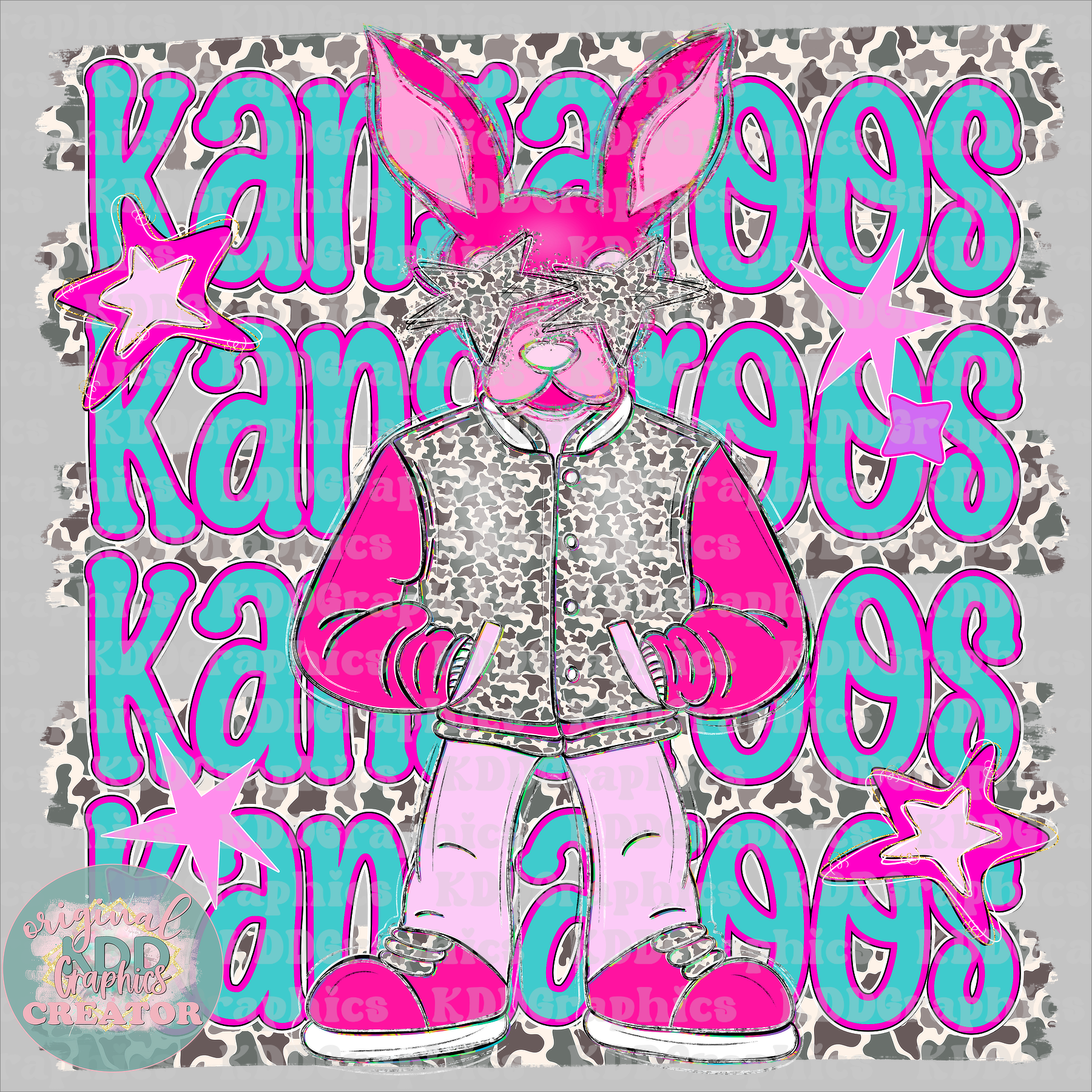 Preppy Pink Varsity Kangarooos Mascot - Camo Brushstrokes - Kangaroo School Spirit PNG