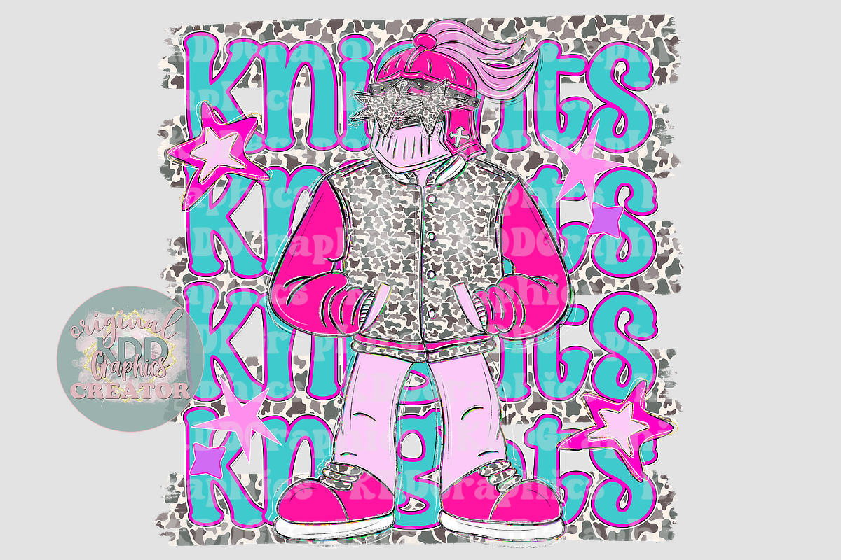 Preppy Pink Varsity Knight Mascot - Camo Brushstrokes - Knights School Spirit PNG