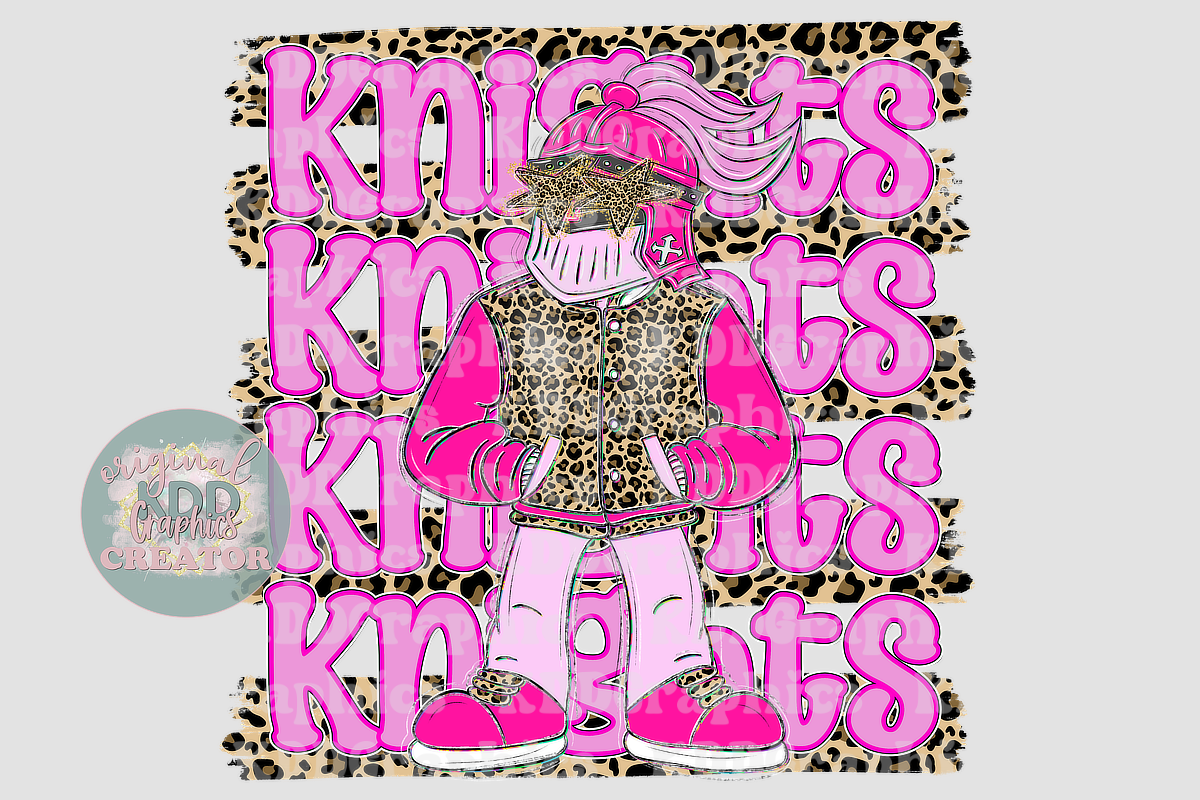 Preppy Pink Varsity Knight Mascot - Cheetah Brushstrokes - Knights School Spirit PNG