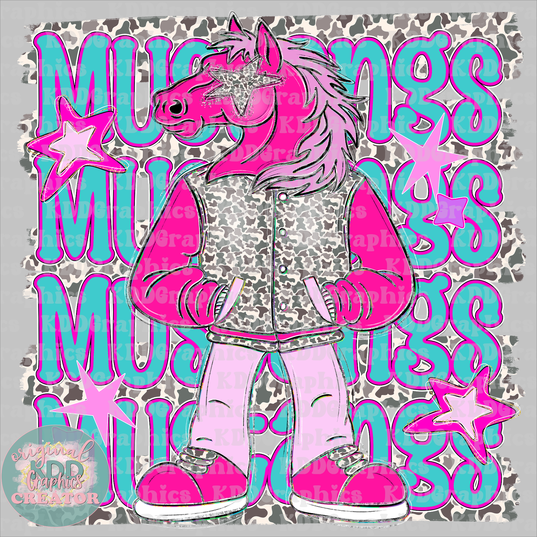 Preppy Pink Varsity Mustangs Mascot - Camo Brushstrokes - Mustang School Spirit PNG