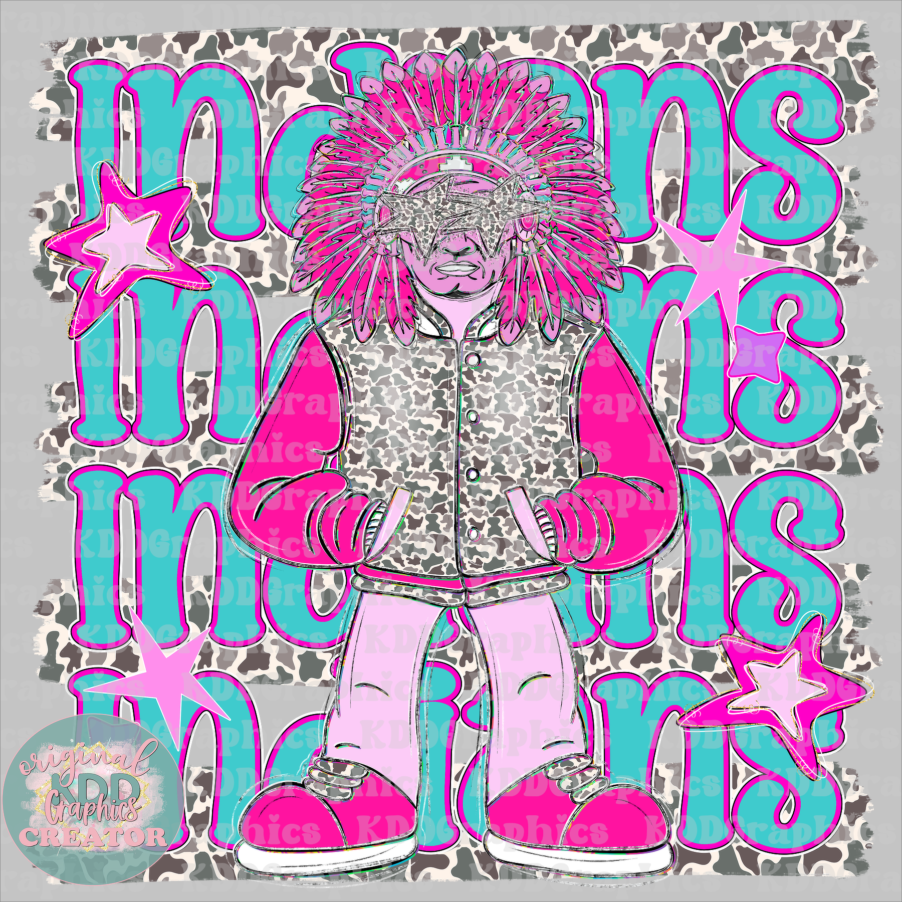 Preppy Pink Varsity Indian Mascot - Camo Brushstrokes - Indians School Spirit PNG