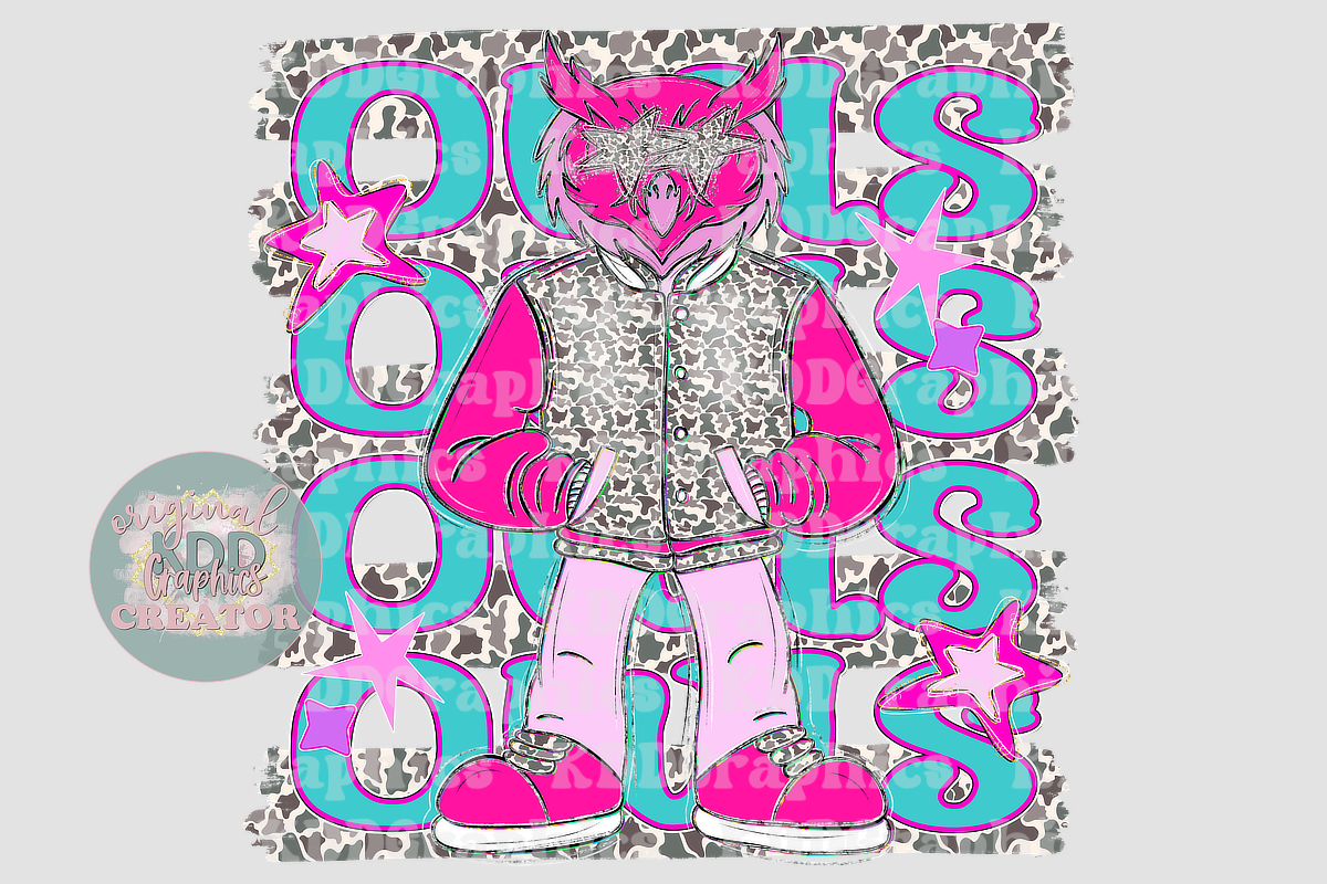 Preppy Pink Varsity Owl Mascot - Camo Brushstrokes - Owls School Spirit PNG
