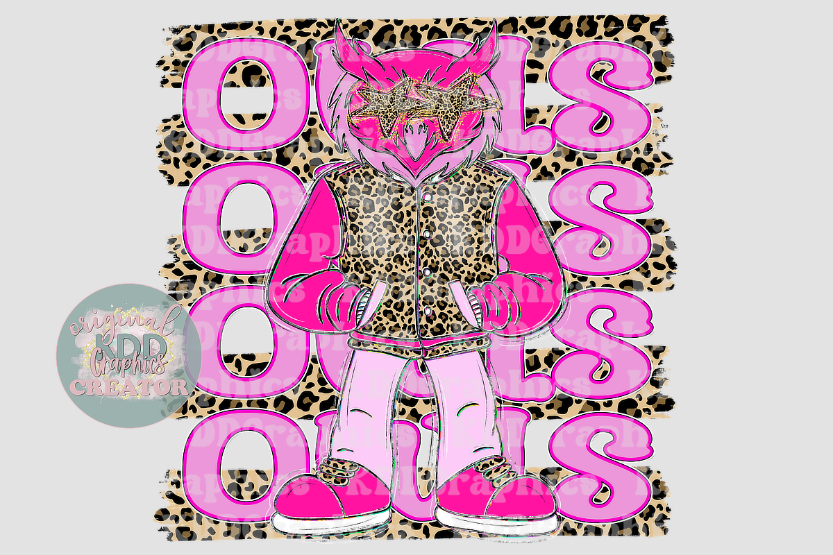 Preppy Pink Varsity Owl Mascot - Cheetah Brushstrokes - Owls School Spirit PNG
