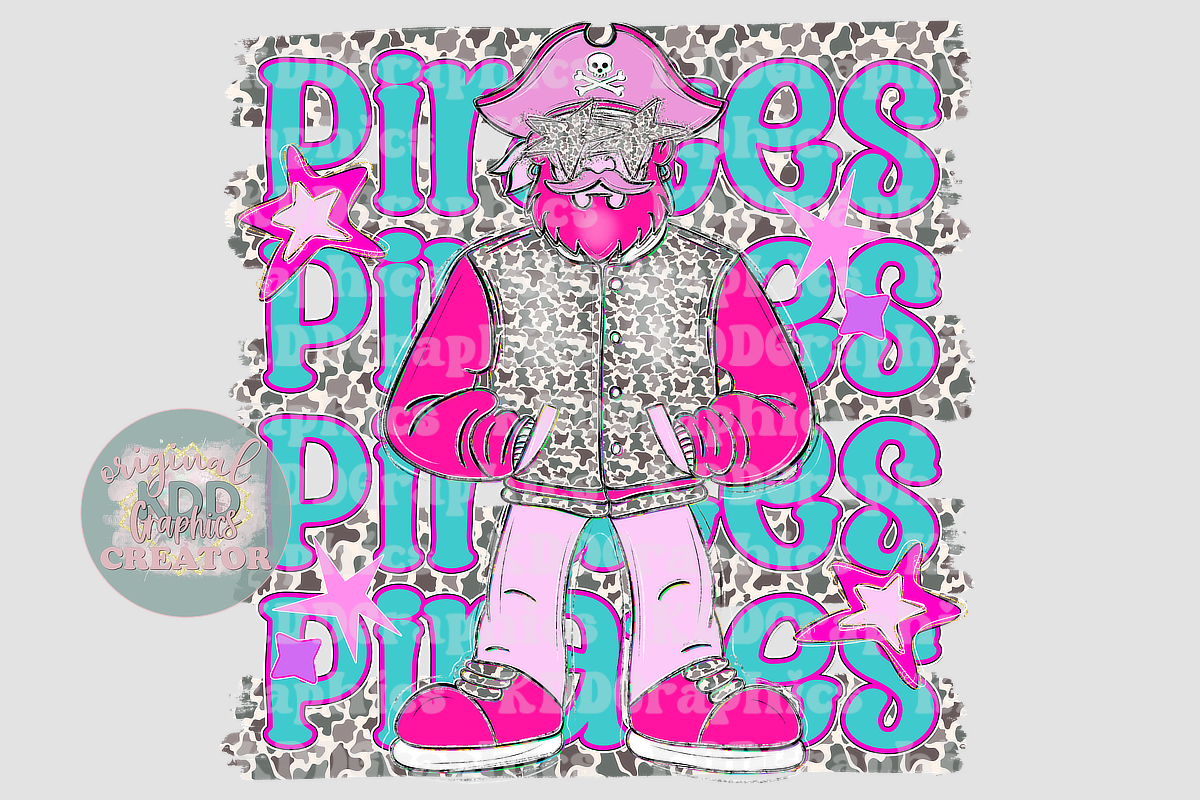 Preppy Pink Varsity Pirate Mascot - Camo Brushstrokes - Pirates School Spirit PNG
