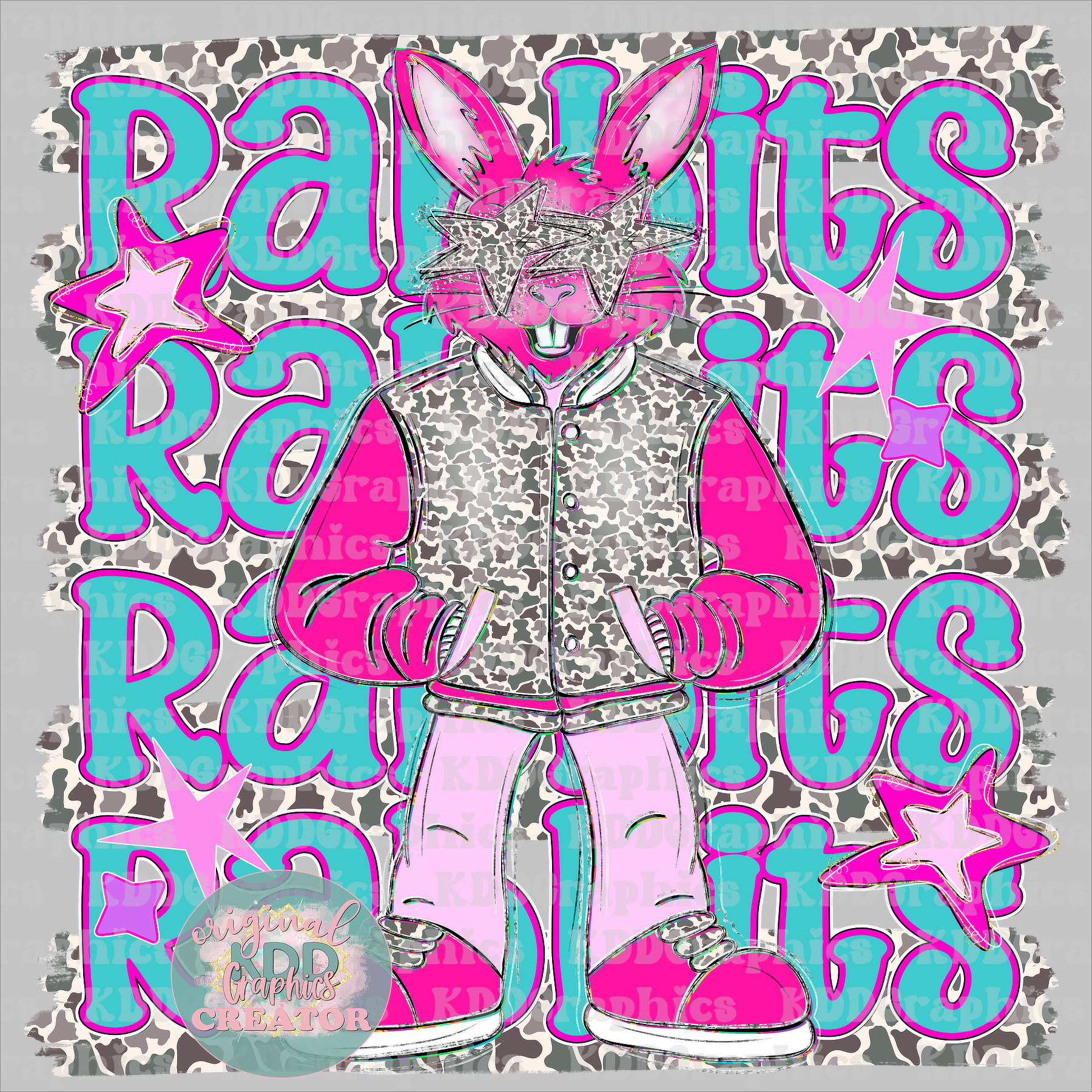 Preppy Pink Varsity Rabbits Mascot - Camo Brushstrokes - Rabbit School Spirit PNG