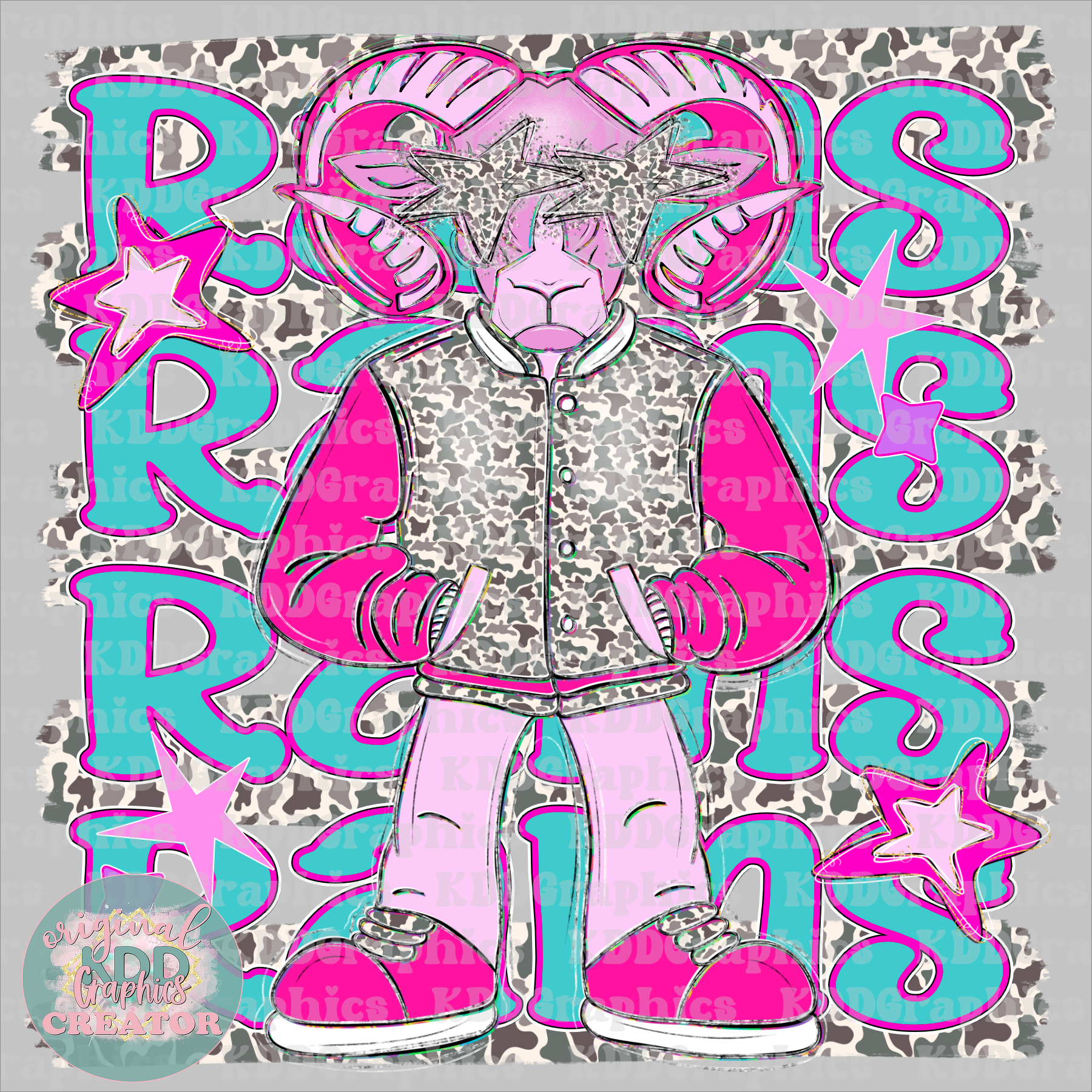 Preppy Pink Varsity Rams Mascot - Camo Brushstrokes - Ram School Spirit PNG