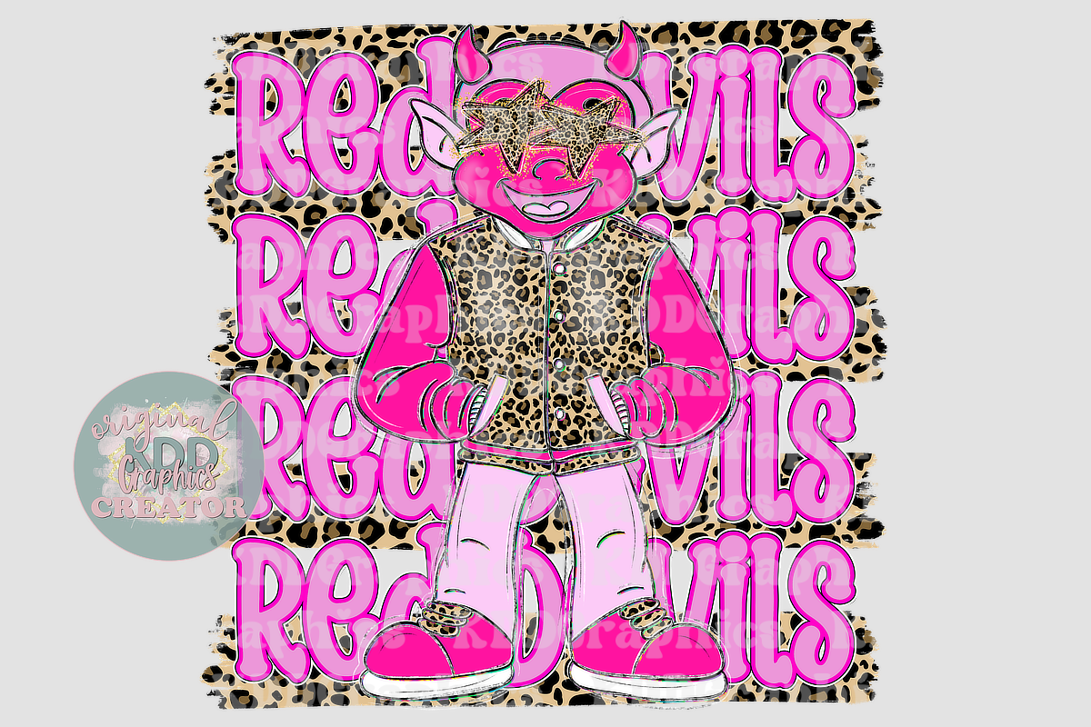 Preppy Pink Varsity Red Devil Mascot - Cheetah Brushstrokes - Red Devils School Spirit PNG