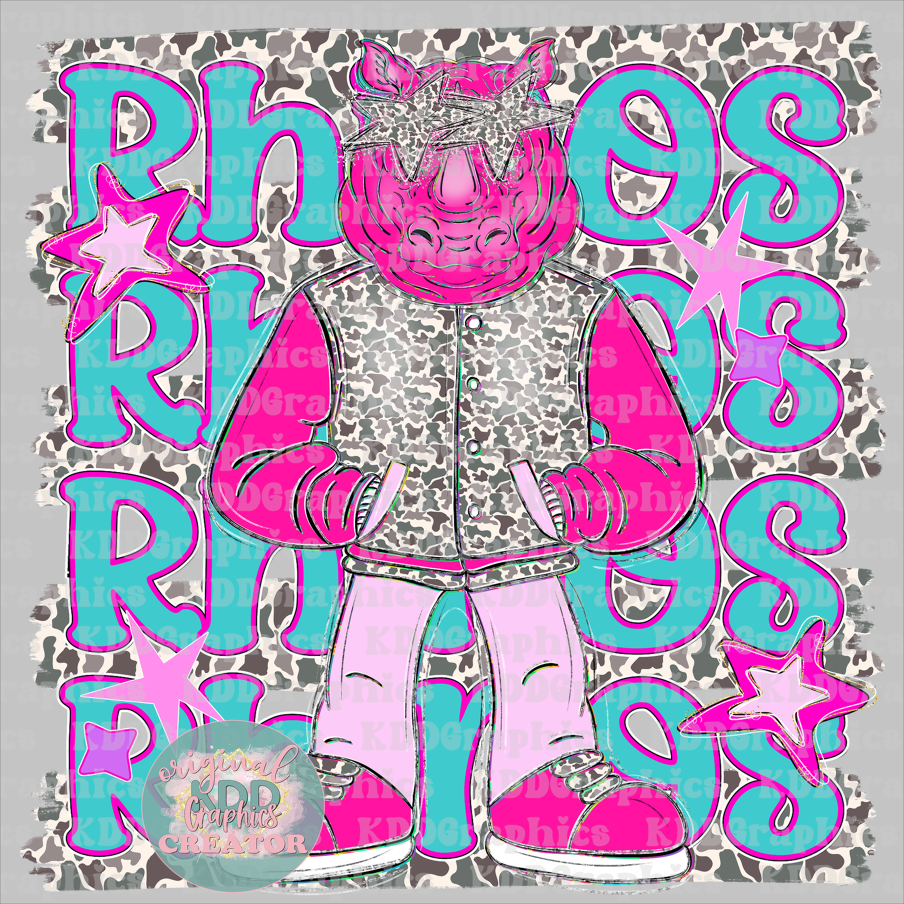 Preppy Pink Varsity Rhinos Mascot - Camo Brushstrokes - Rhino School Spirit PNG