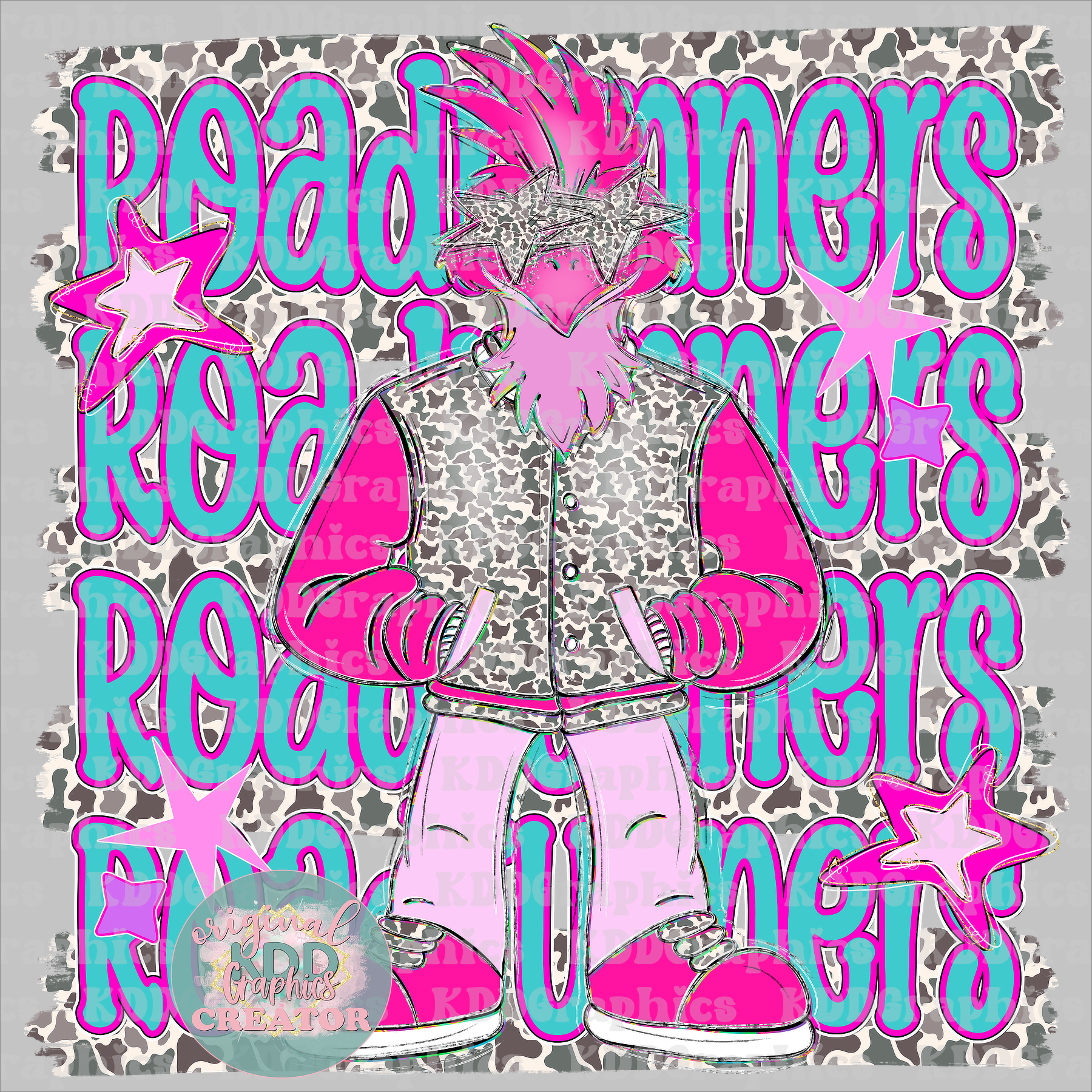 Preppy Pink Varsity Roadrunners Mascot - Camo Brushstrokes - Roadrunner School Spirit PNG