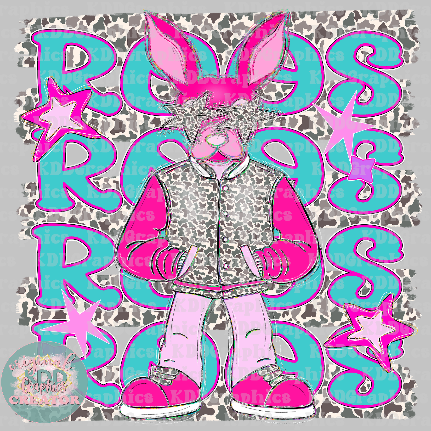 Preppy Pink Varsity Roos Mascot - Camo Brushstrokes - Kangaroo Roo School Spirit PNG