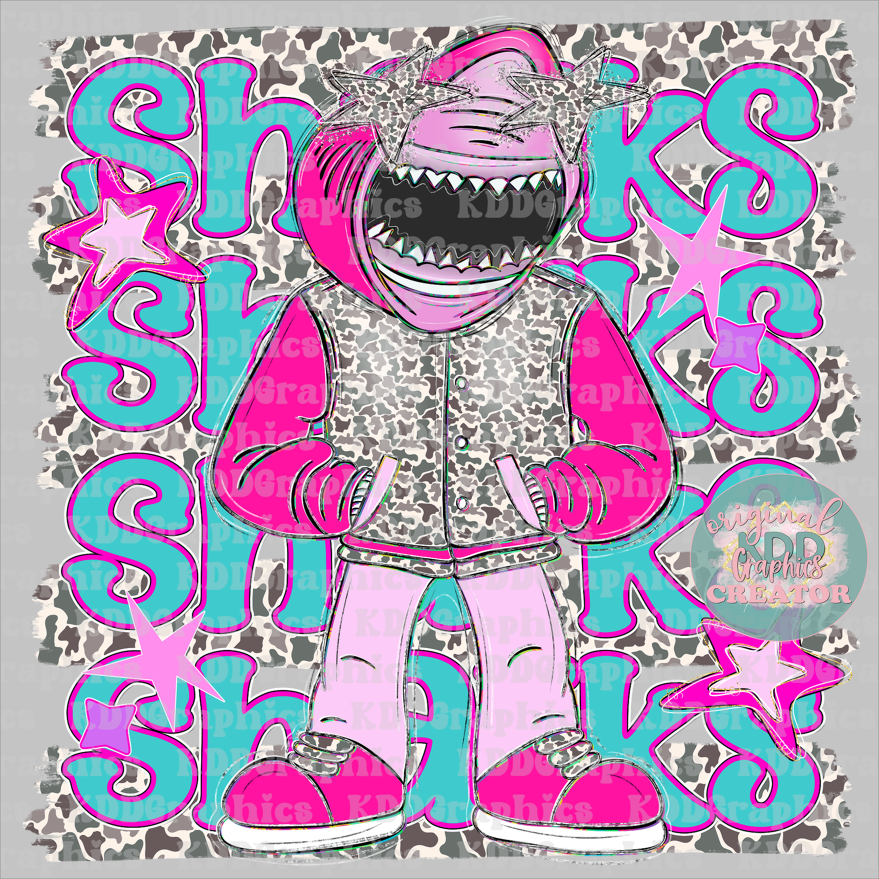 Preppy Pink Varsity Sharks Mascot - Camo Brushstrokes - Shark School Spirit PNG