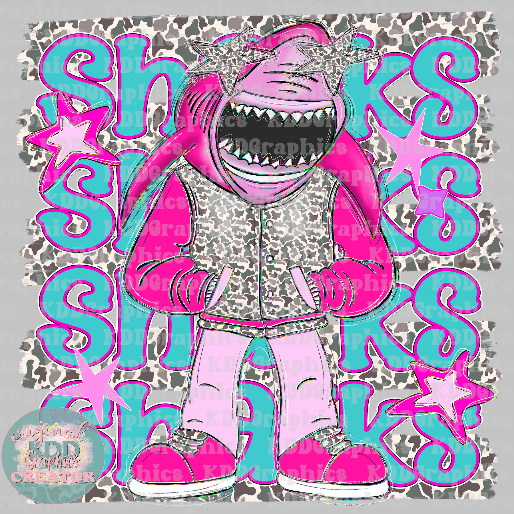 Preppy Pink Varsity Sharks Mascot - Camo Brushstrokes - Shark School Spirit PNG