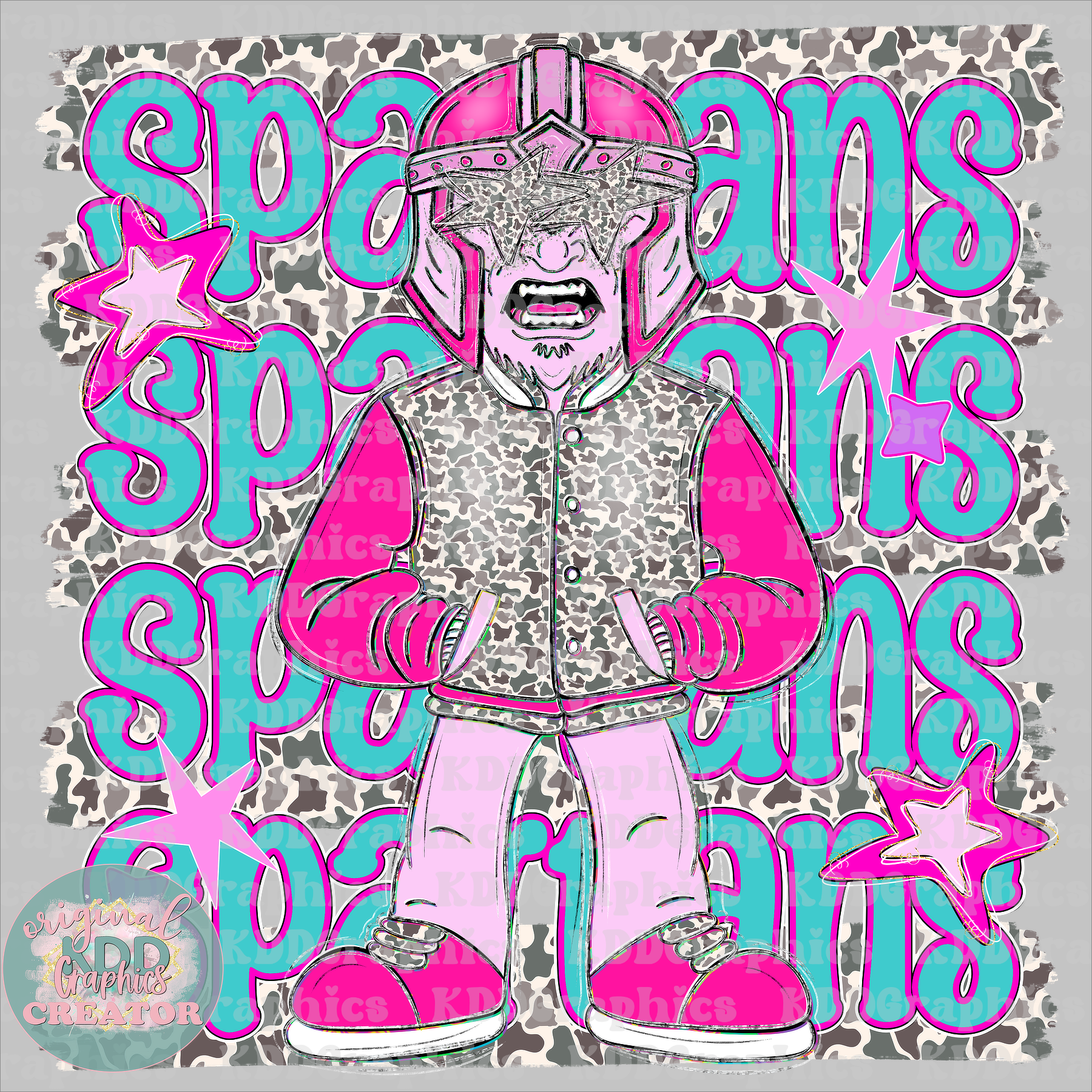 Preppy Pink Varsity Spartans Mascot - Camo Brushstrokes - Spartan School Spirit PNG