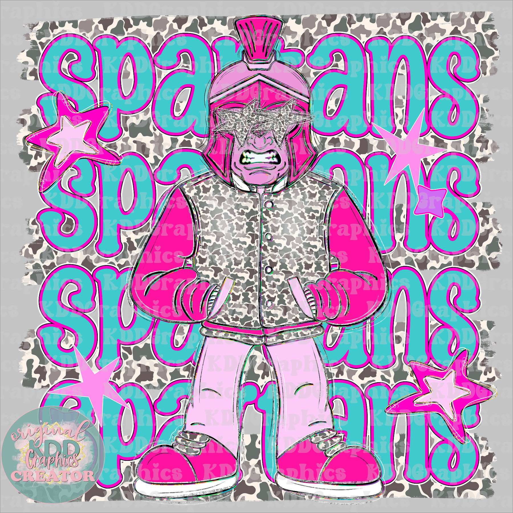 Preppy Pink Varsity Spartans Mascot - Camo Brushstrokes - Spartan School Spirit PNG