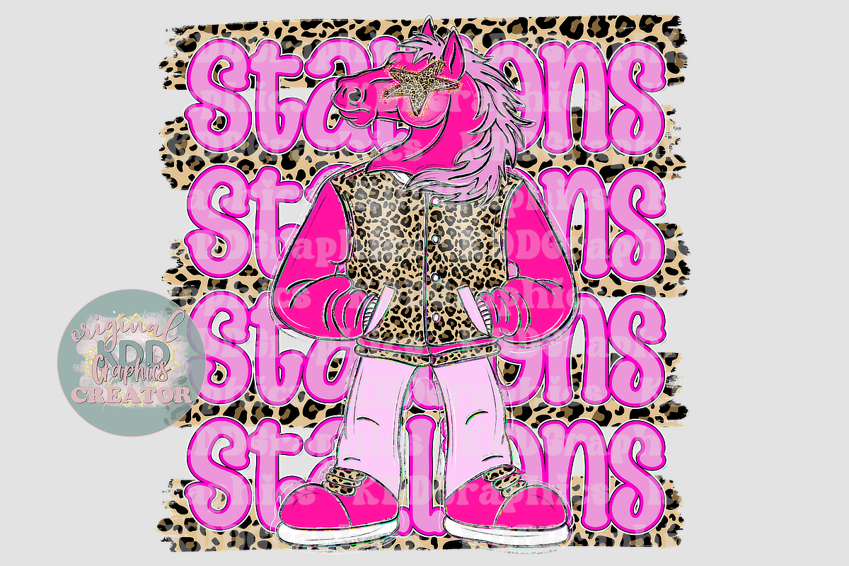Preppy Pink Varsity Stallion Mascot - Cheetah Brushstrokes - Stallions School Spirit PNG