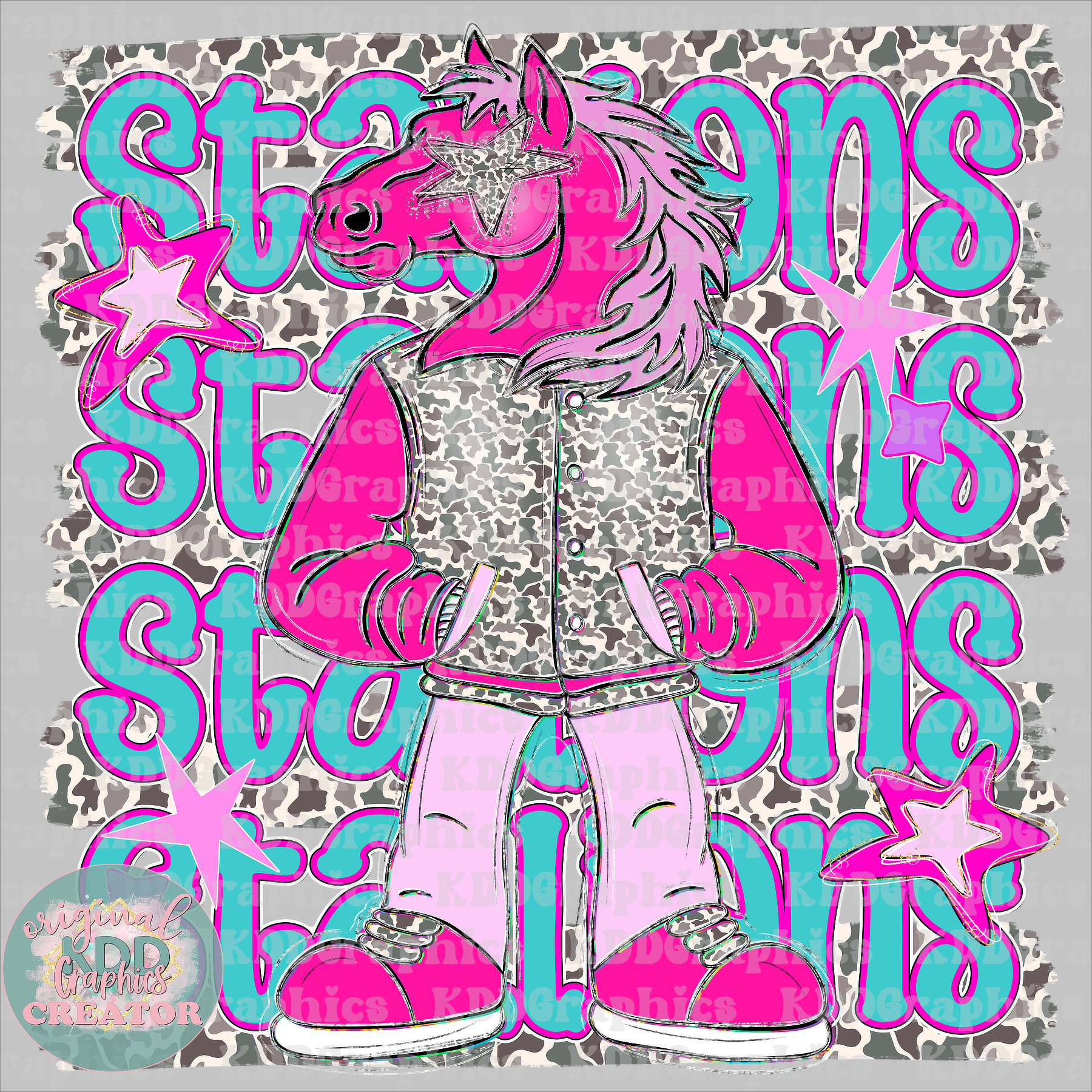 Preppy Pink Varsity Stallions Mascot - Camo Brushstrokes - Stallion School Spirit PNG