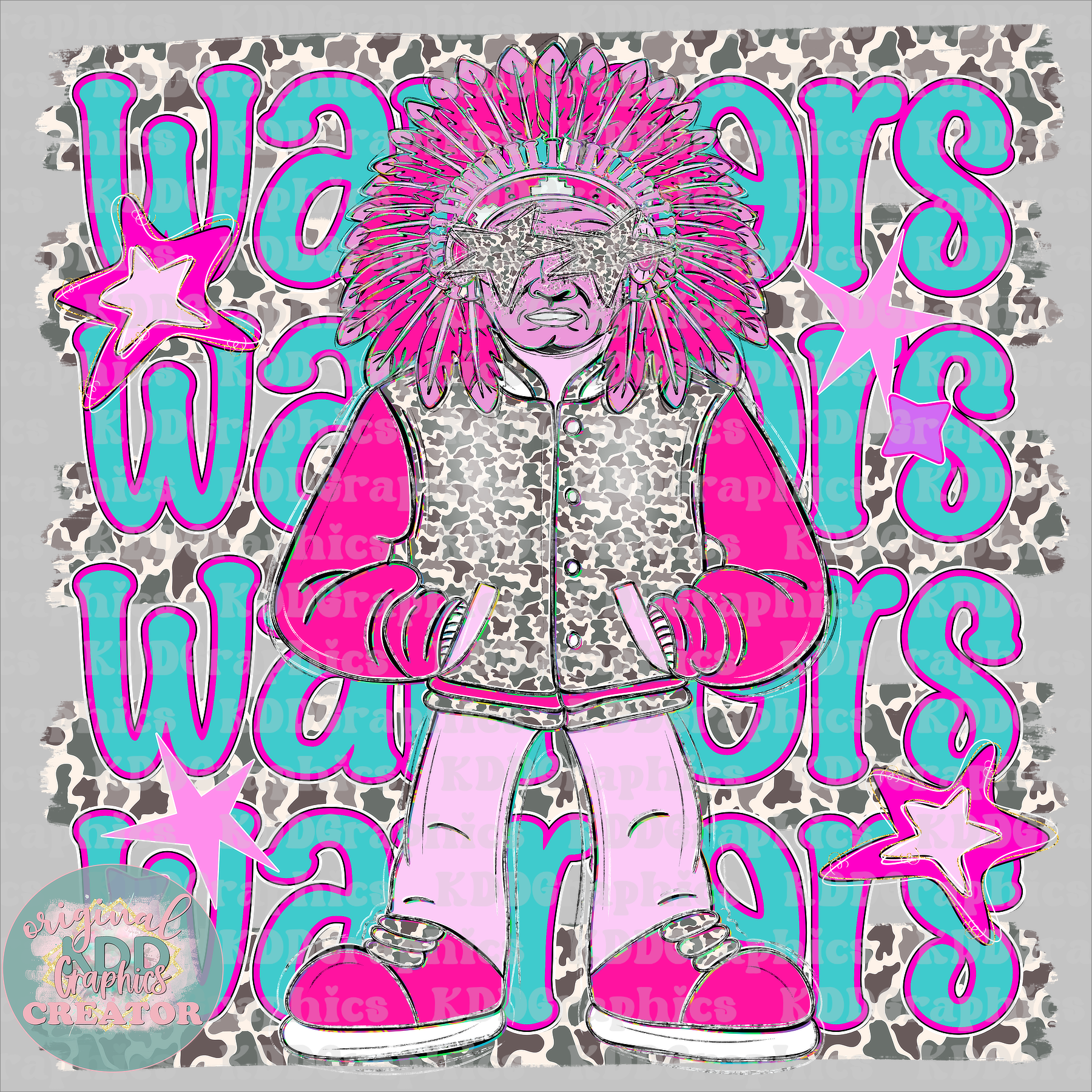 Preppy Pink Varsity Warriors Mascot - Camo Brushstrokes - Warrior School Spirit PNG 2