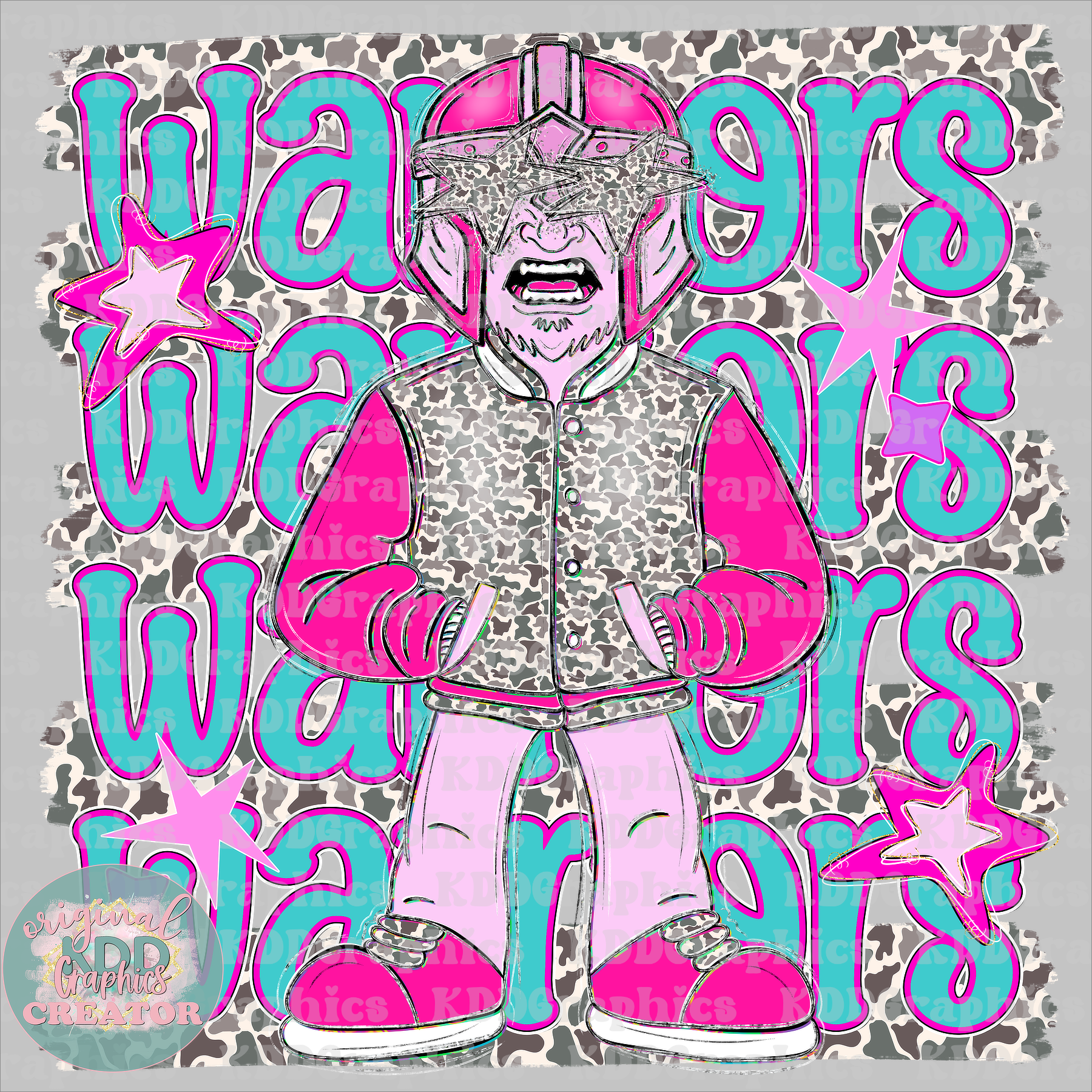 Preppy Pink Varsity Warriors Mascot - Camo Brushstrokes - Warrior School Spirit PNG