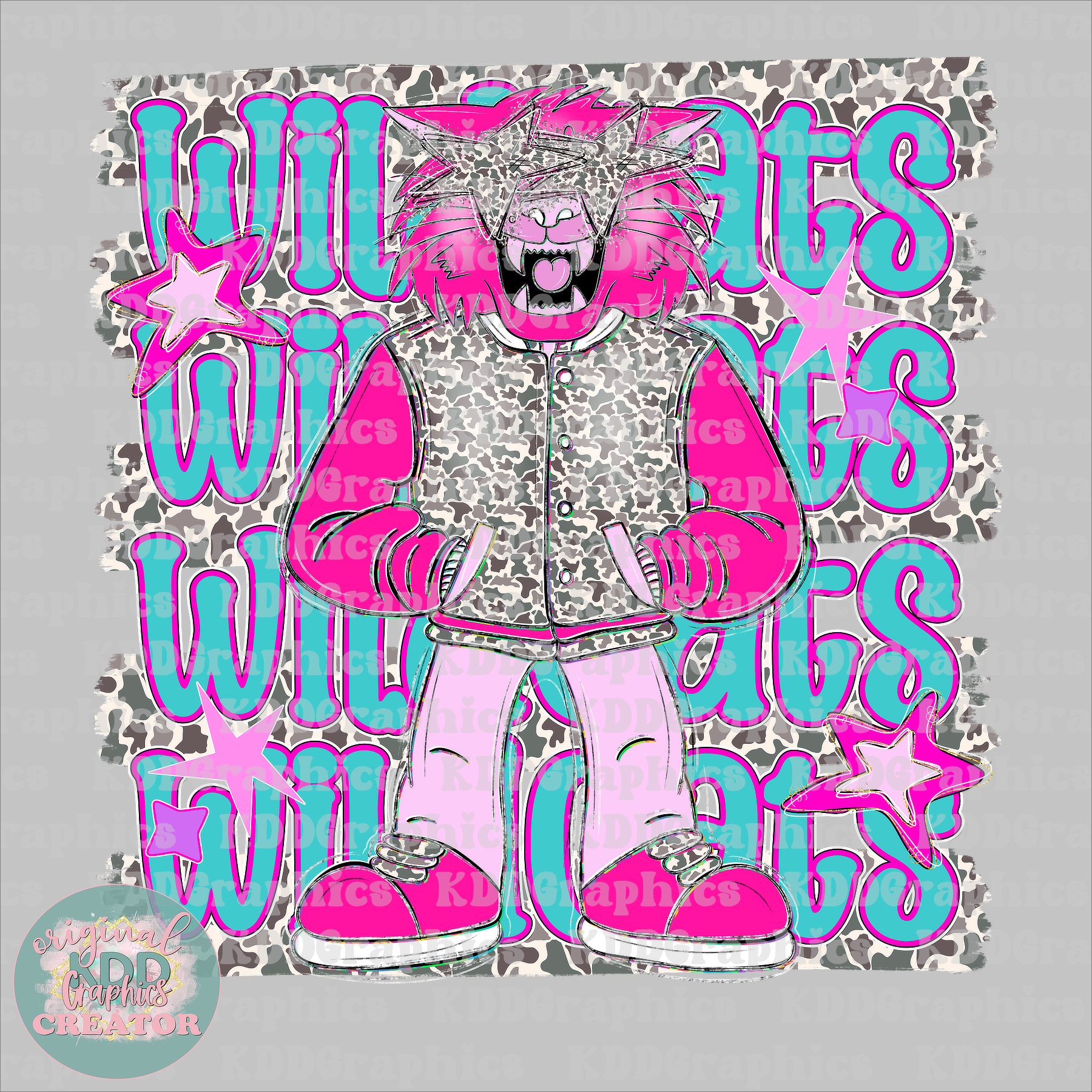 Preppy Pink Varsity Wildcat Mascot - Camo Brushstrokes - Wildcats School Spirit PNG