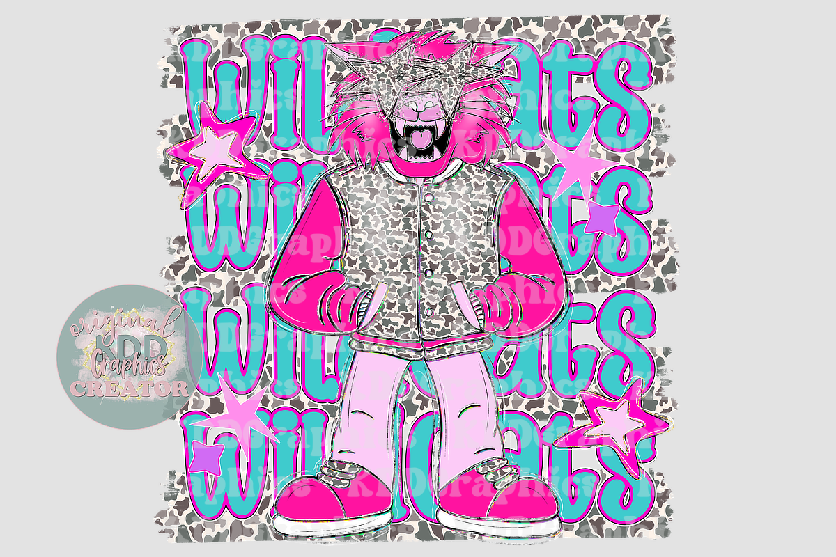 Preppy Pink Varsity Wildcat Mascot - Camo Brushstrokes - Wildcats School Spirit PNG