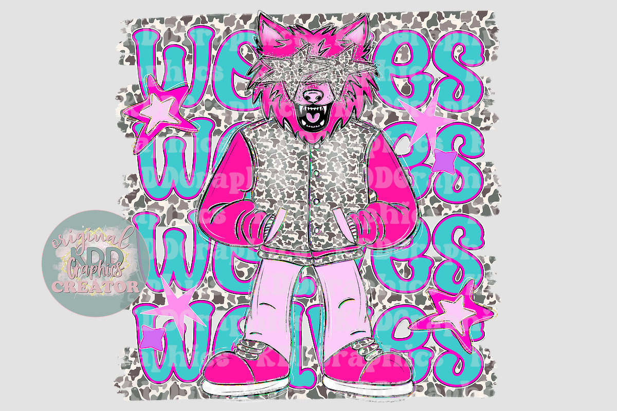 Preppy Pink Varsity Wolf Mascot - Camo Brushstrokes - Wolves School Spirit PNG