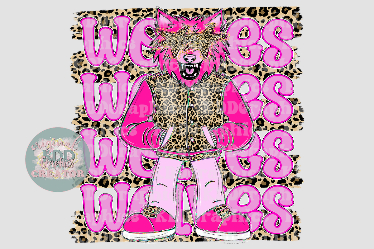 Preppy Pink Varsity Wolf Mascot - Cheetah Brushstrokes - Wolves School Spirit PNG