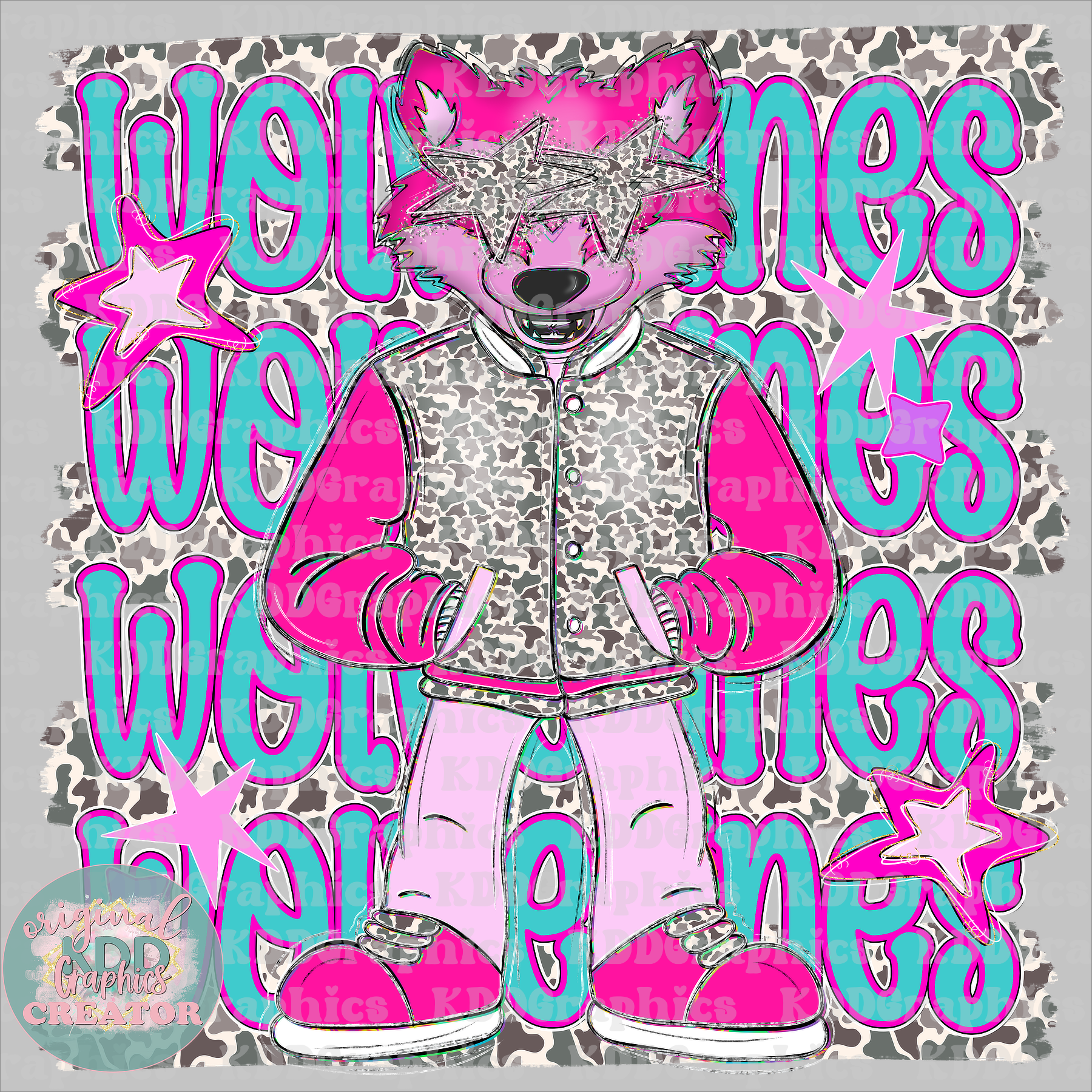 Preppy Pink Varsity Wolverines Mascot - Camo Brushstrokes - Wolverine School Spirit PNG