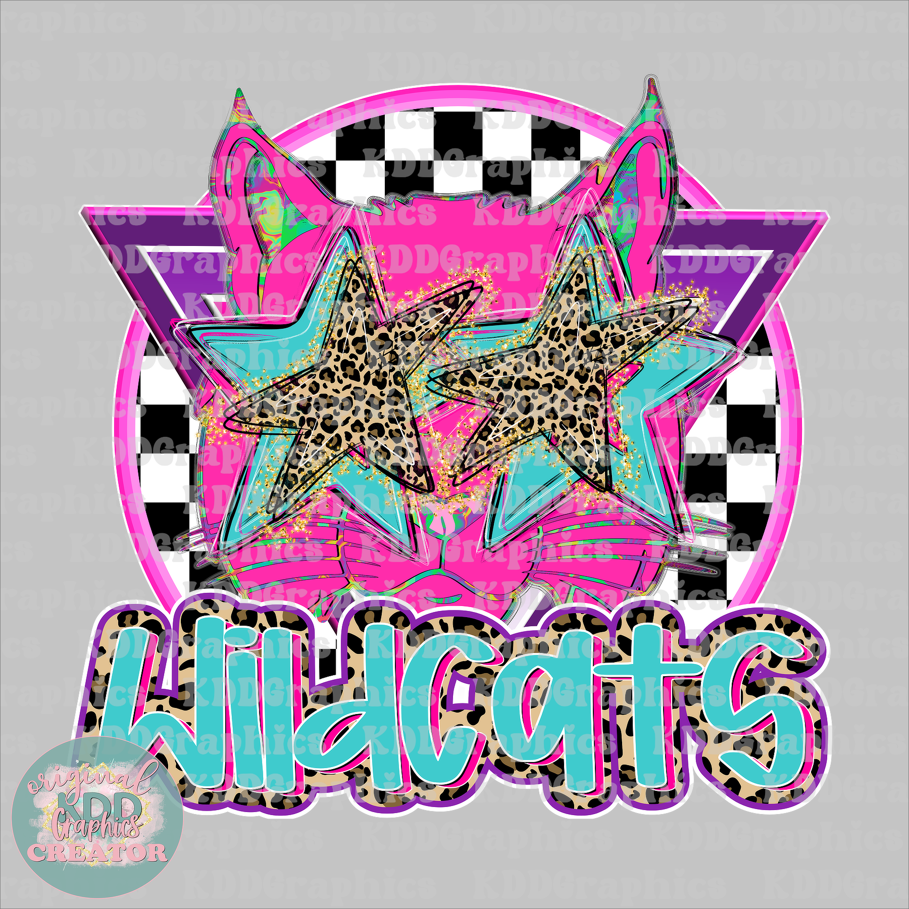 Preppy Pink Wildcats Mascot Head - Cheetah Star Eyes - Wildcat School Spirit PNG