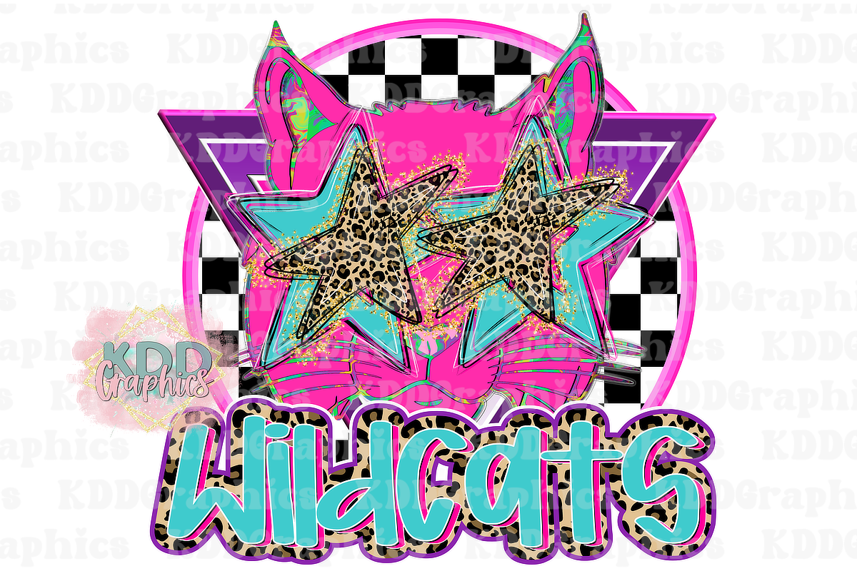 Preppy Pink Wildcats Mascot Head - Cheetah Star Eyes - Wildcat School Spirit PNG