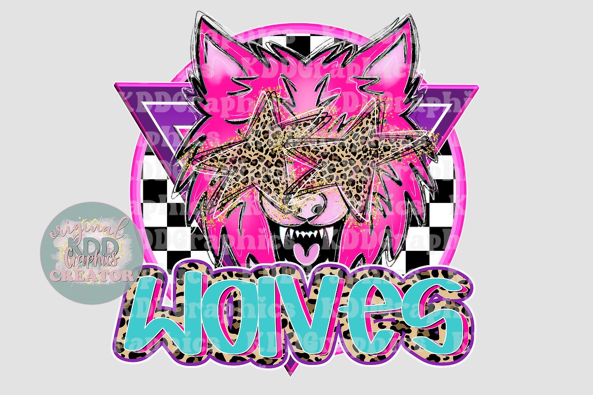 Preppy Pink Wolf Mascot Head - Cheetah Star Eyes - Wolves School Spirit PNG