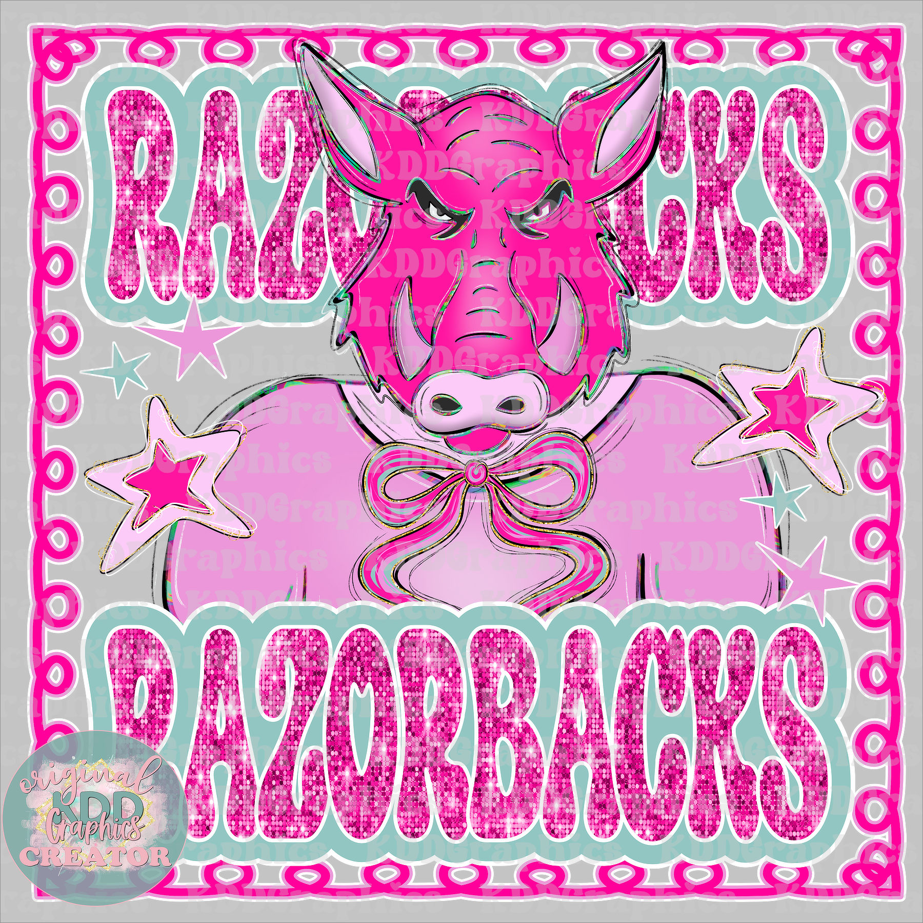 Preppy Razorback Mascot - Stars Glitter Frame - Razorbacks School Spirit PNG