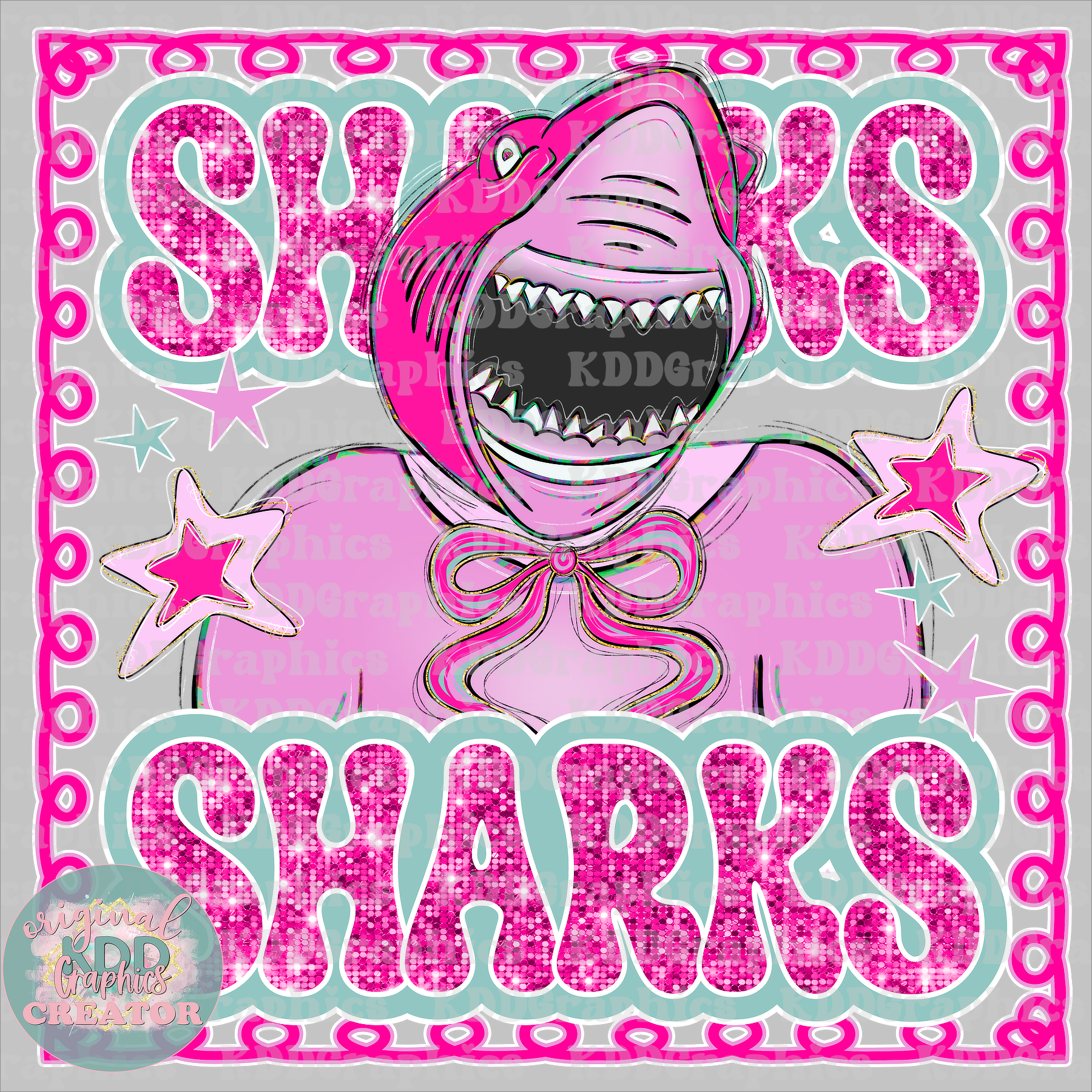 Preppy Shark Mascot - Stars Glitter Frame - Sharks School Spirit PNG