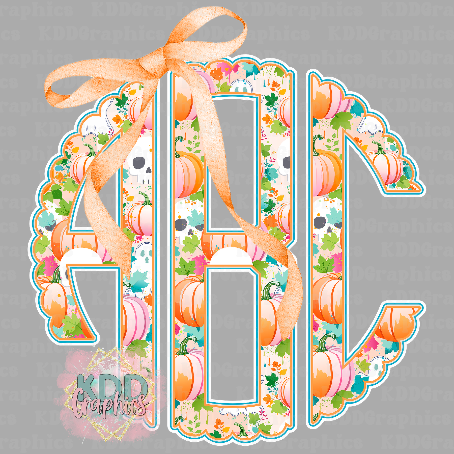 Pumpkin Skulls Scalloped Circle Monogram - Orange Bow Bundle