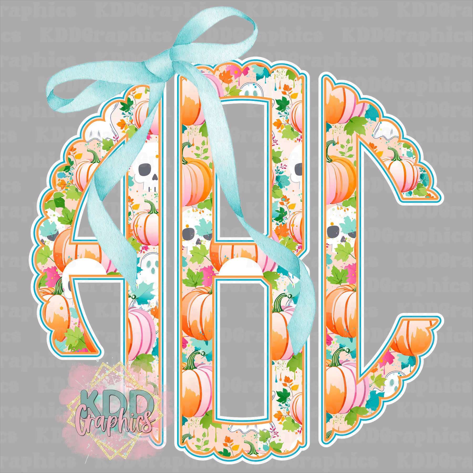 Pumpkin Skulls Scalloped Circle Monogram - Teal Bow Bundle