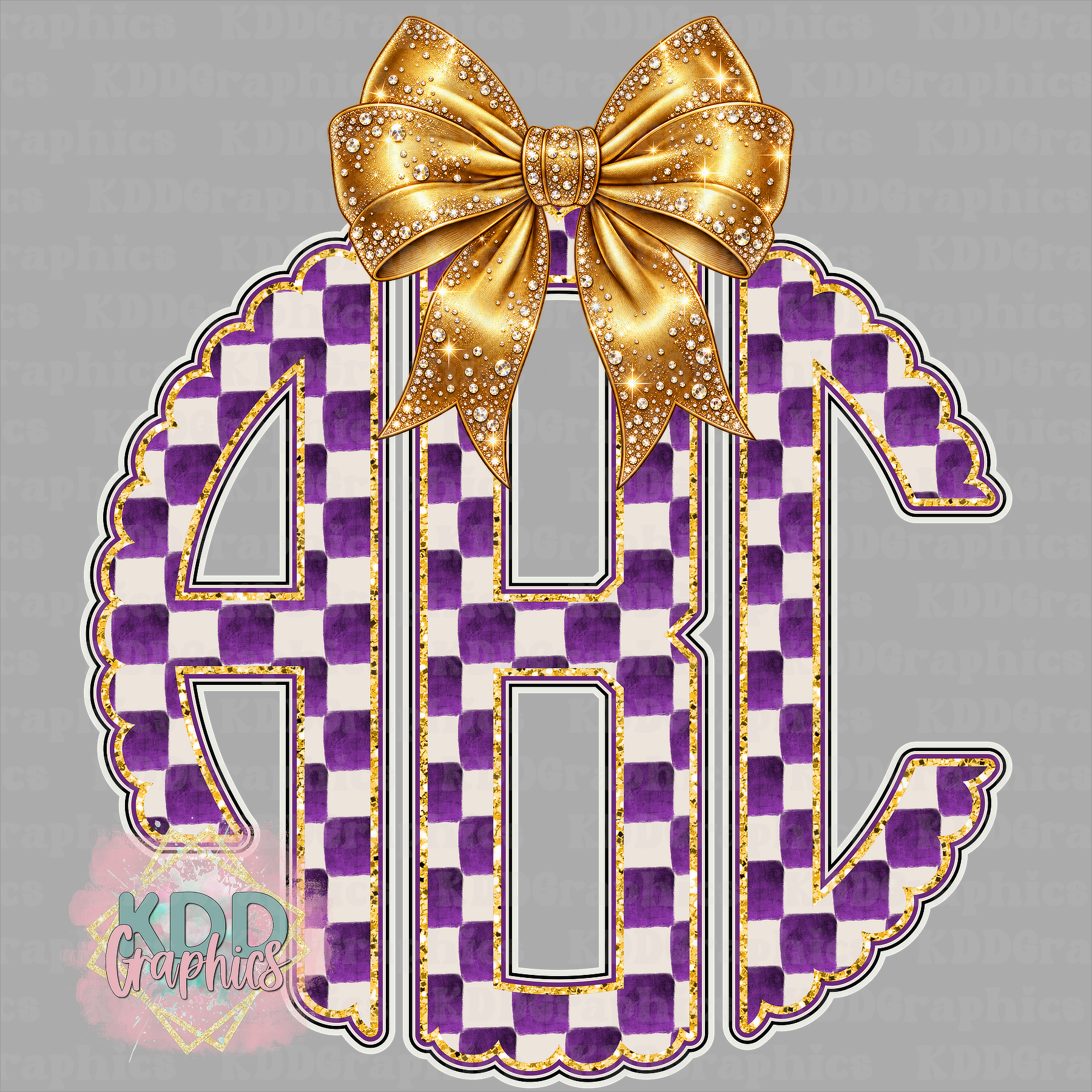 Purple White Checks Coquette GOLD Bow Scalloped Circle Monogram Bundle