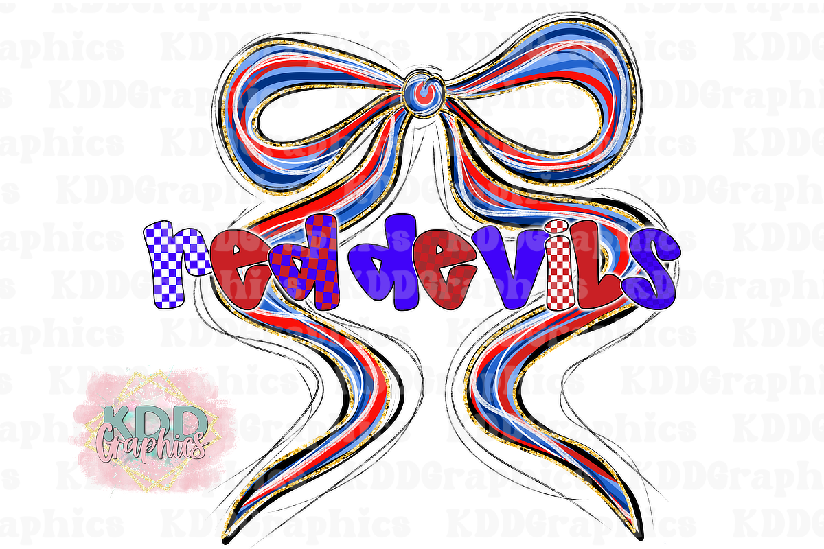 Red Blue Coquette Bow - Doodle Red Devils - Red Devil School Spirit PNG