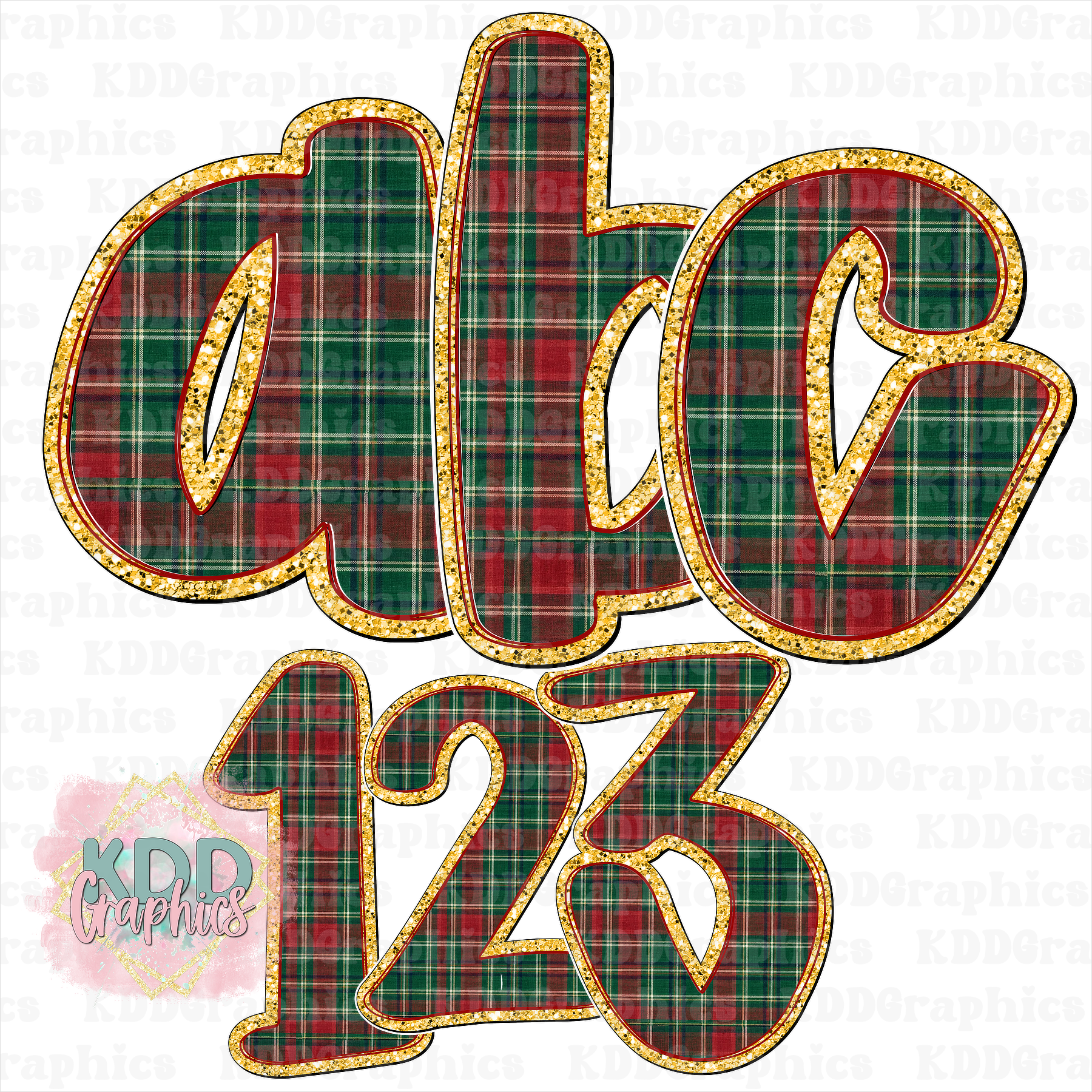 Red Green Christmas Plaid Gold Glitter Doodle Alpha Letters & Numbers PNG