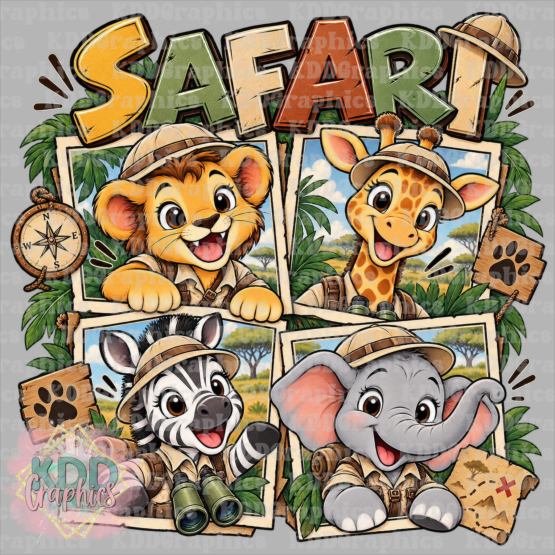 Safari Cute Jungle Animals PNG – Lion Giraffe Zebra Elephant Leopard Print Safari Design 2
