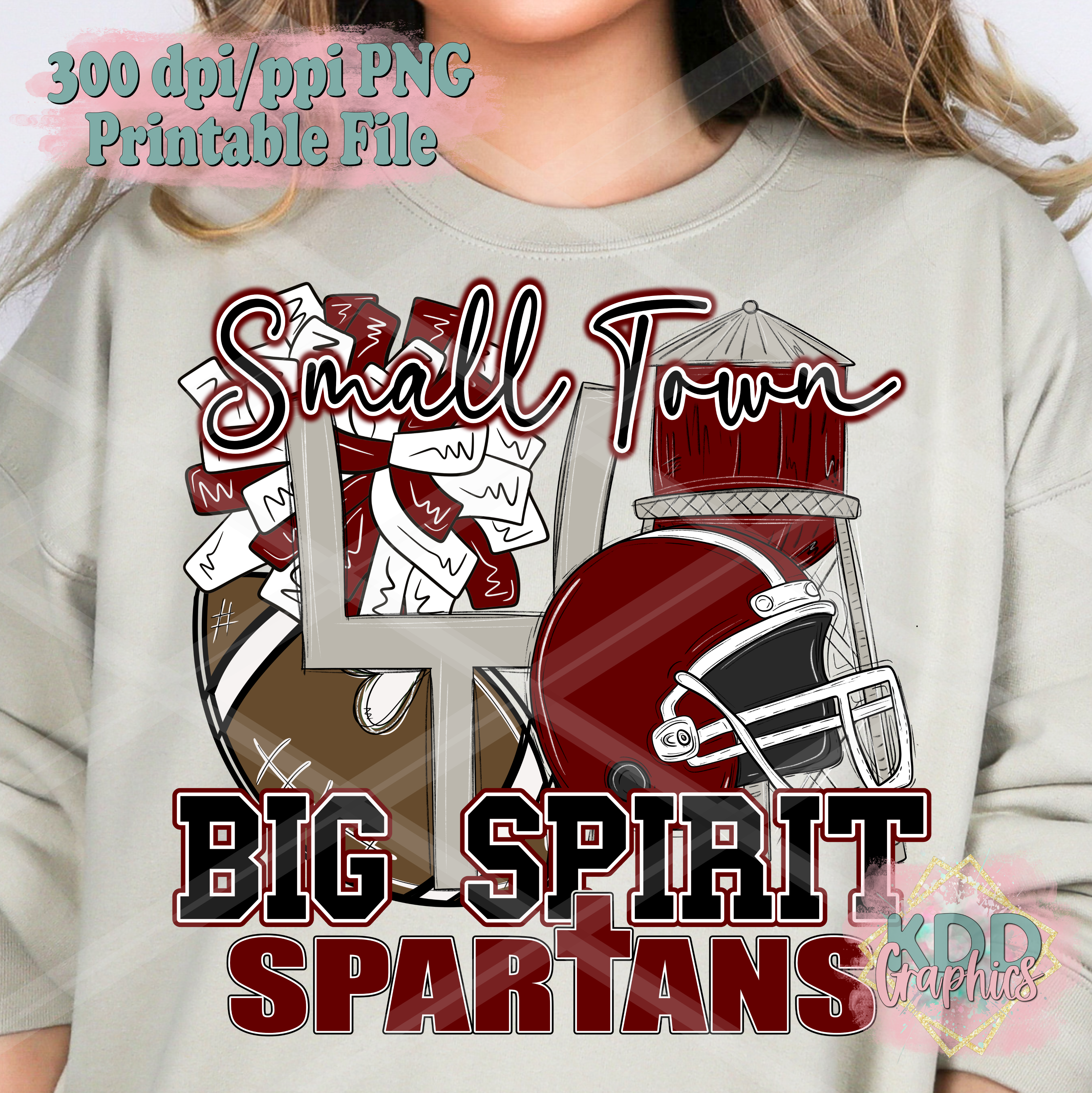 Spartans - Small Town Big Spirit - Doodle Maroon Football PNG