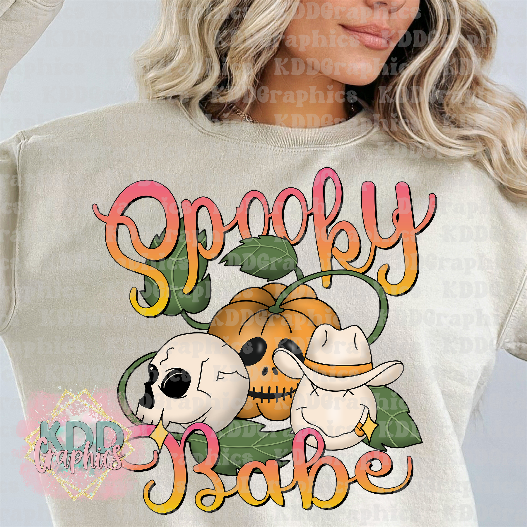 Spooky Babe - Smiley Cowboy Pumpkin Skull - Halloween - PNG